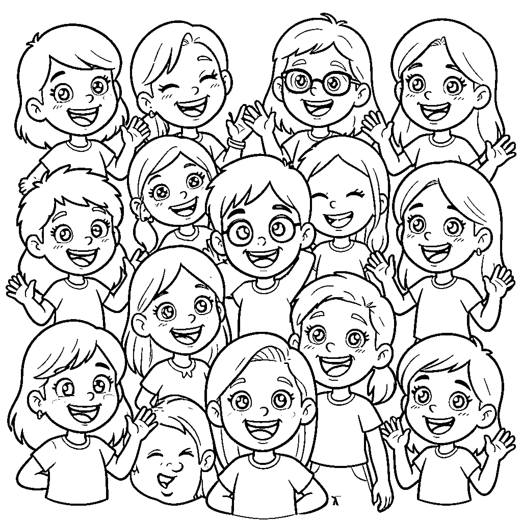 People smiling and waving happily in group Coloring Page (free black-and-white line drawing printable PDF for all, from beginners to advanced learners, including children, teens, adults, and seniors)