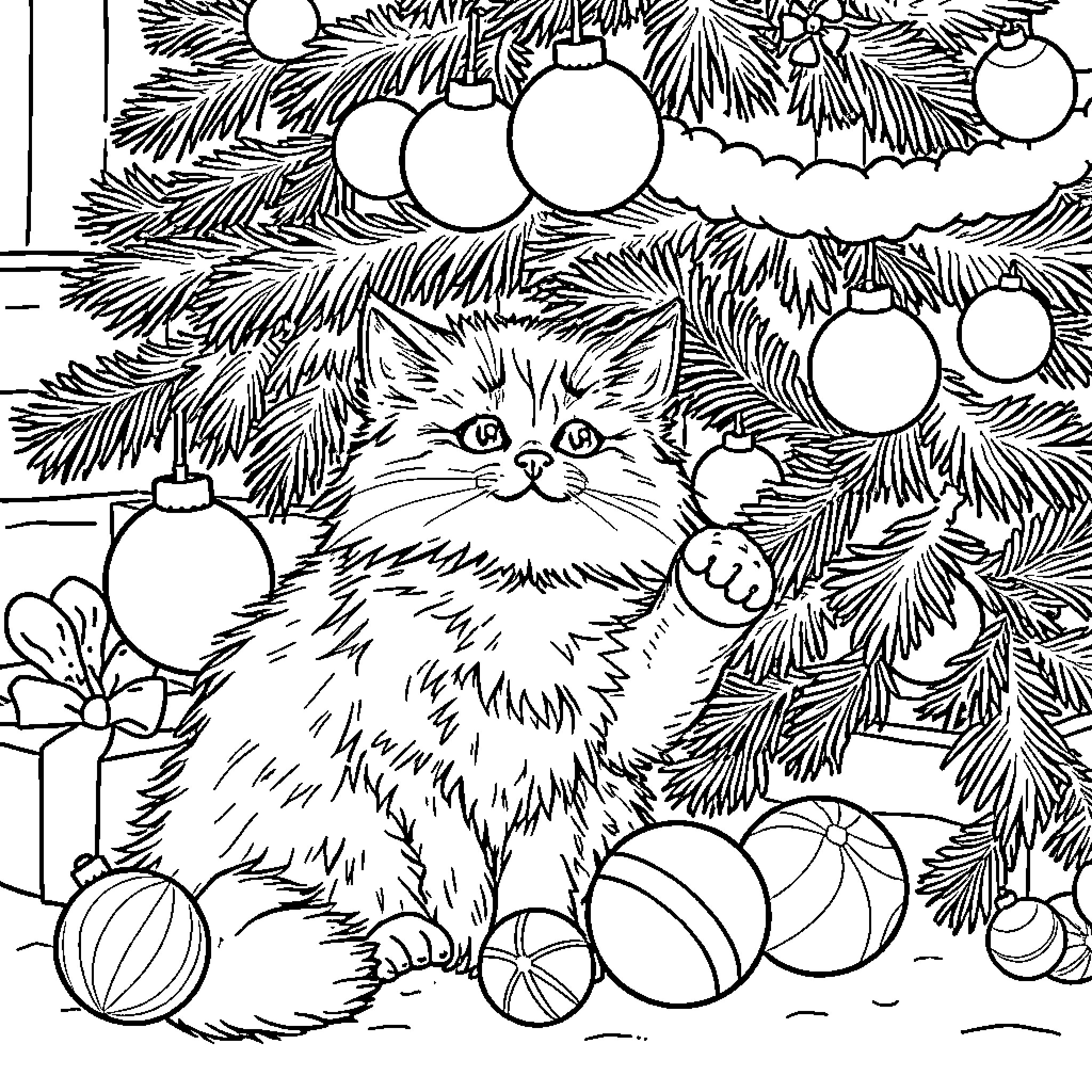 Cat playing among Christmas ornaments and decor Coloring Page (free black-and-white line drawing printable PDF for all, from beginners to advanced learners, including children, teens, adults, and seniors)
