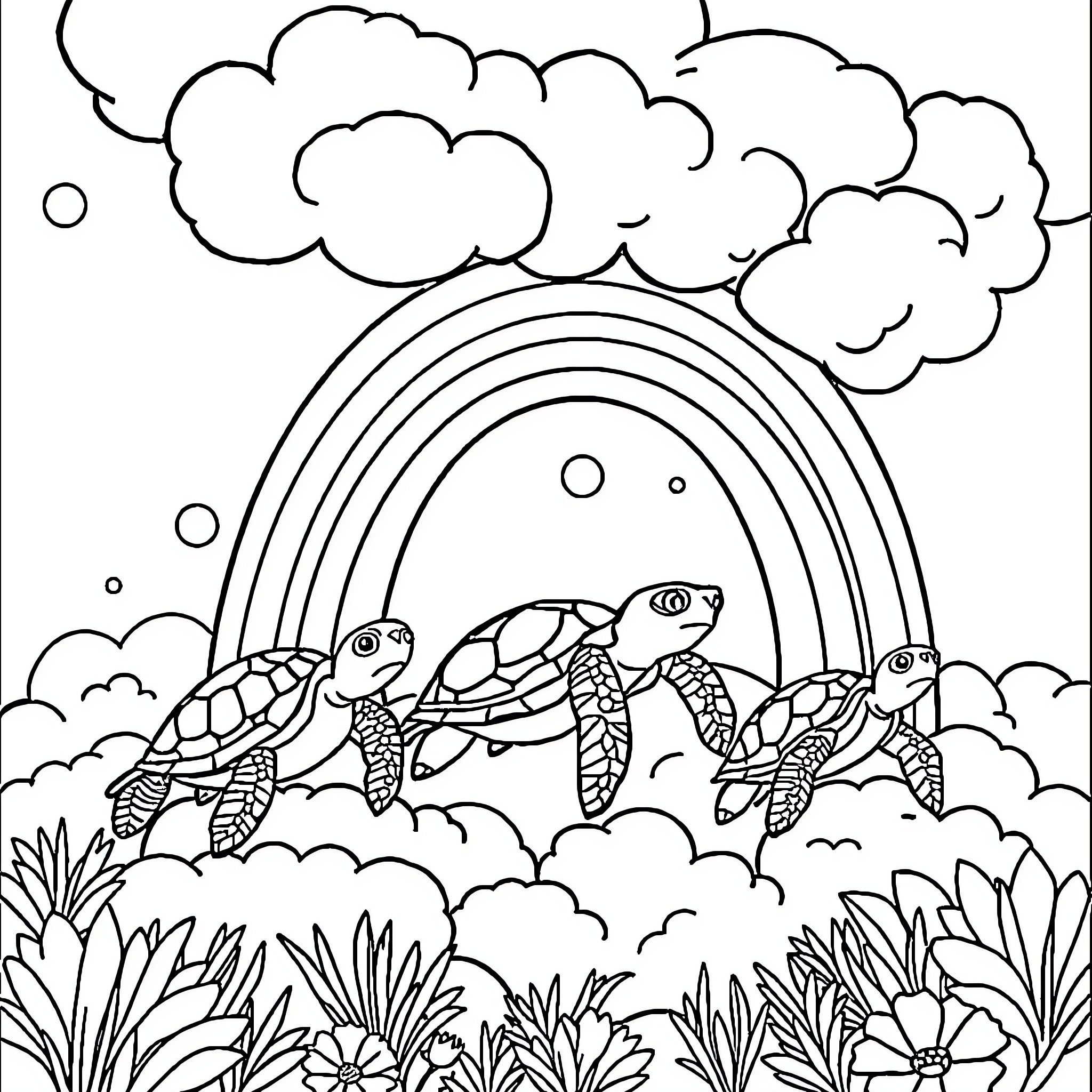 Turtle family swimming under rainbow in nature Coloring Page (free black-and-white line drawing printable PDF for all, from beginners to advanced learners, including children, teens, adults, and seniors)