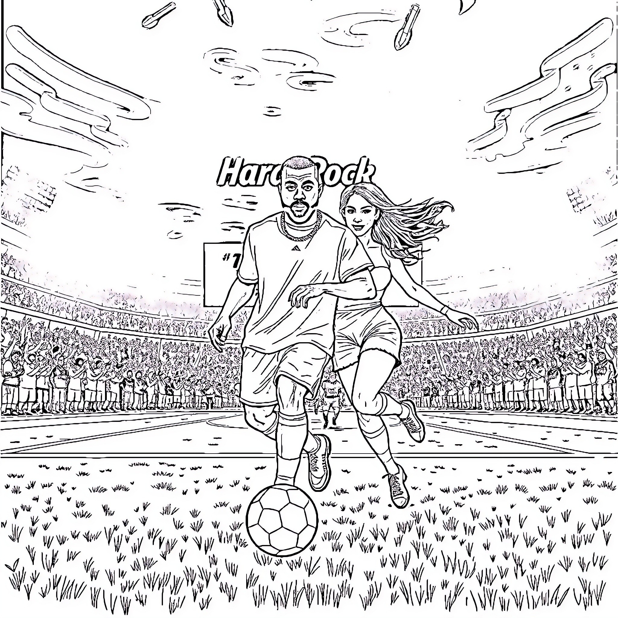 Kanye West and companion on a soccer field Coloring Page (free black-and-white line drawing printable PDF for all, from beginners to advanced learners, including children, teens, adults, and seniors)