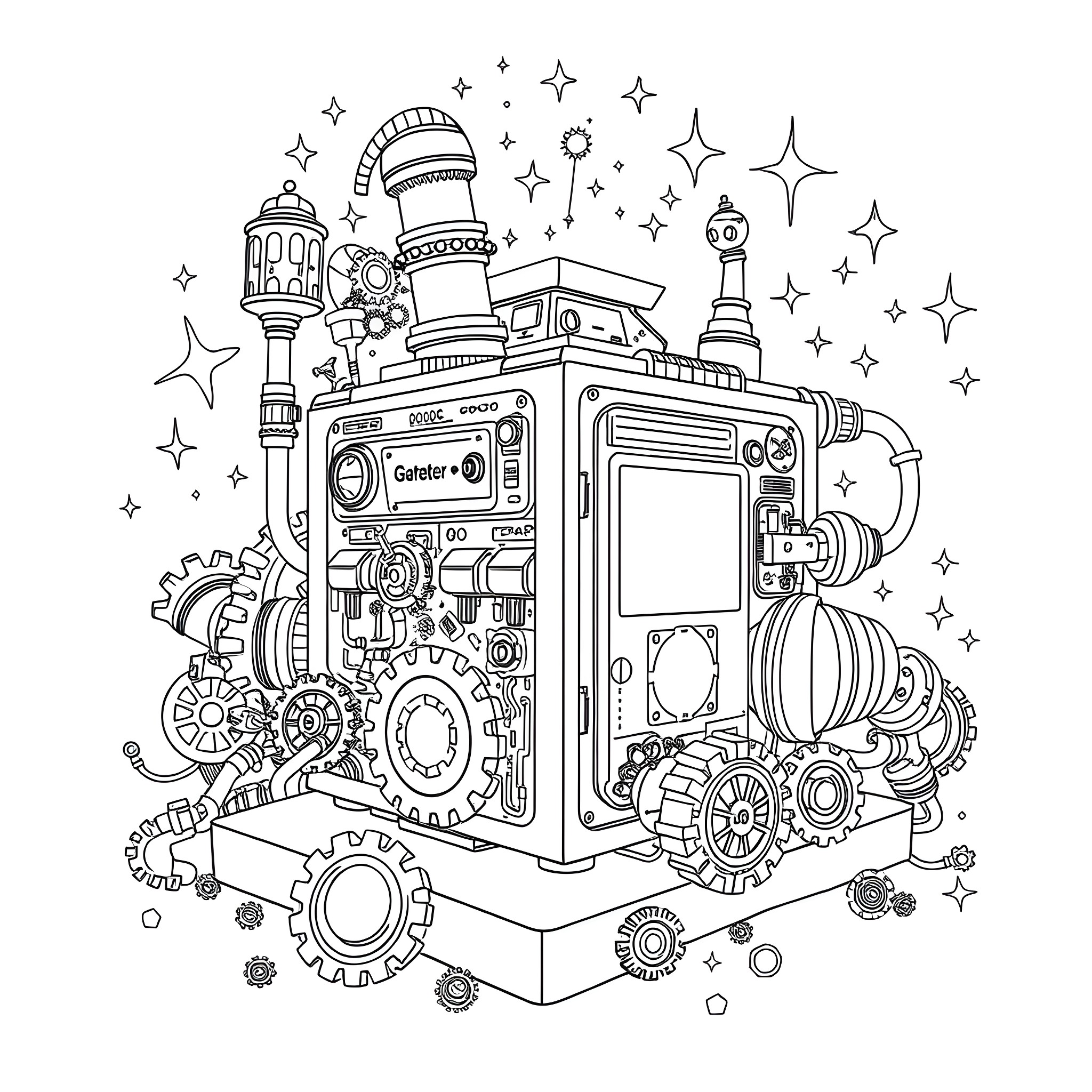 Generator of whimsical steampunk-inspired machinery Coloring Page (free black-and-white line drawing printable PDF for all, from beginners to advanced learners, including children, teens, adults, and seniors)