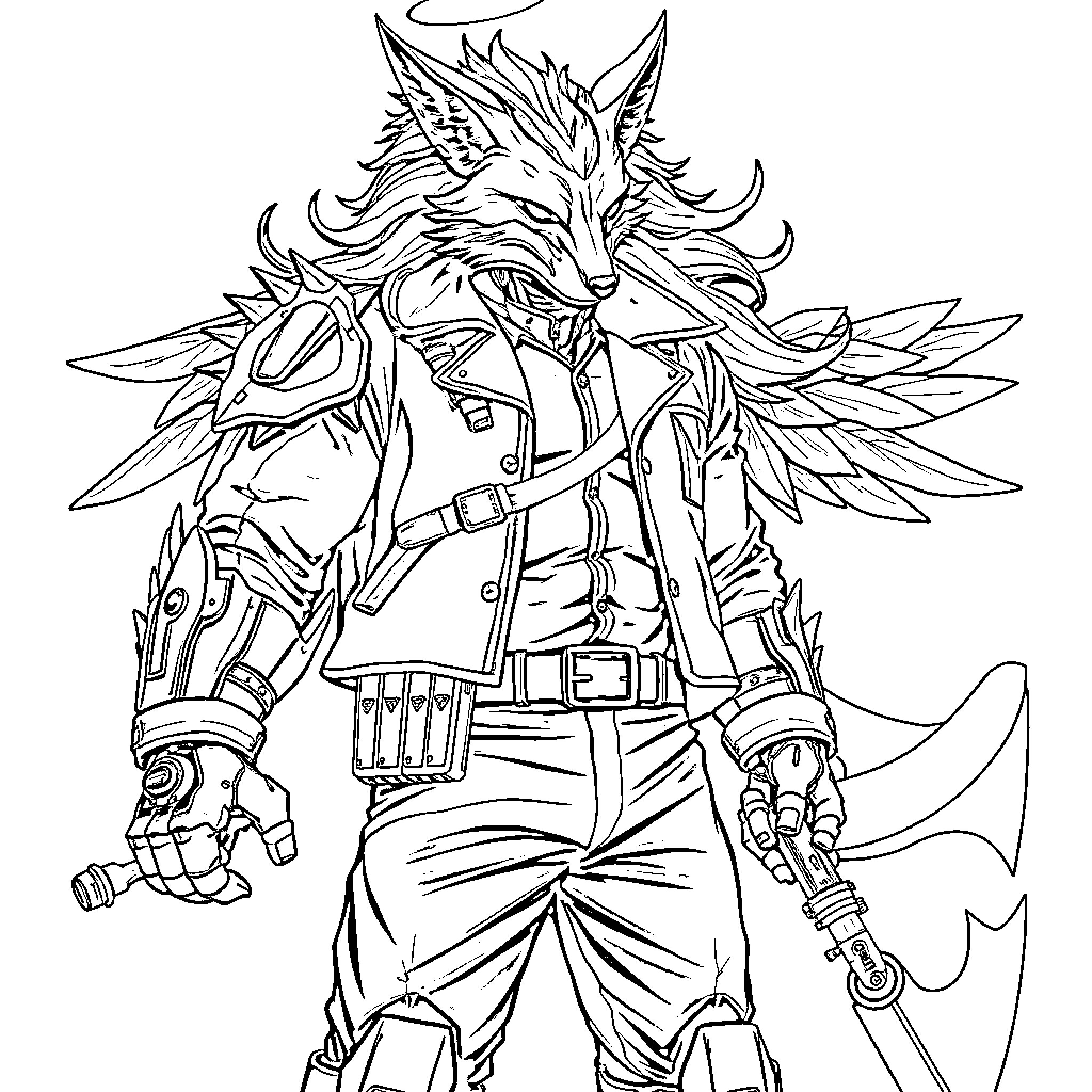 Warrior with Fierce Appearance and Weaponry Coloring Page (free black-and-white line drawing printable PDF for all, from beginners to advanced learners, including children, teens, adults, and seniors)