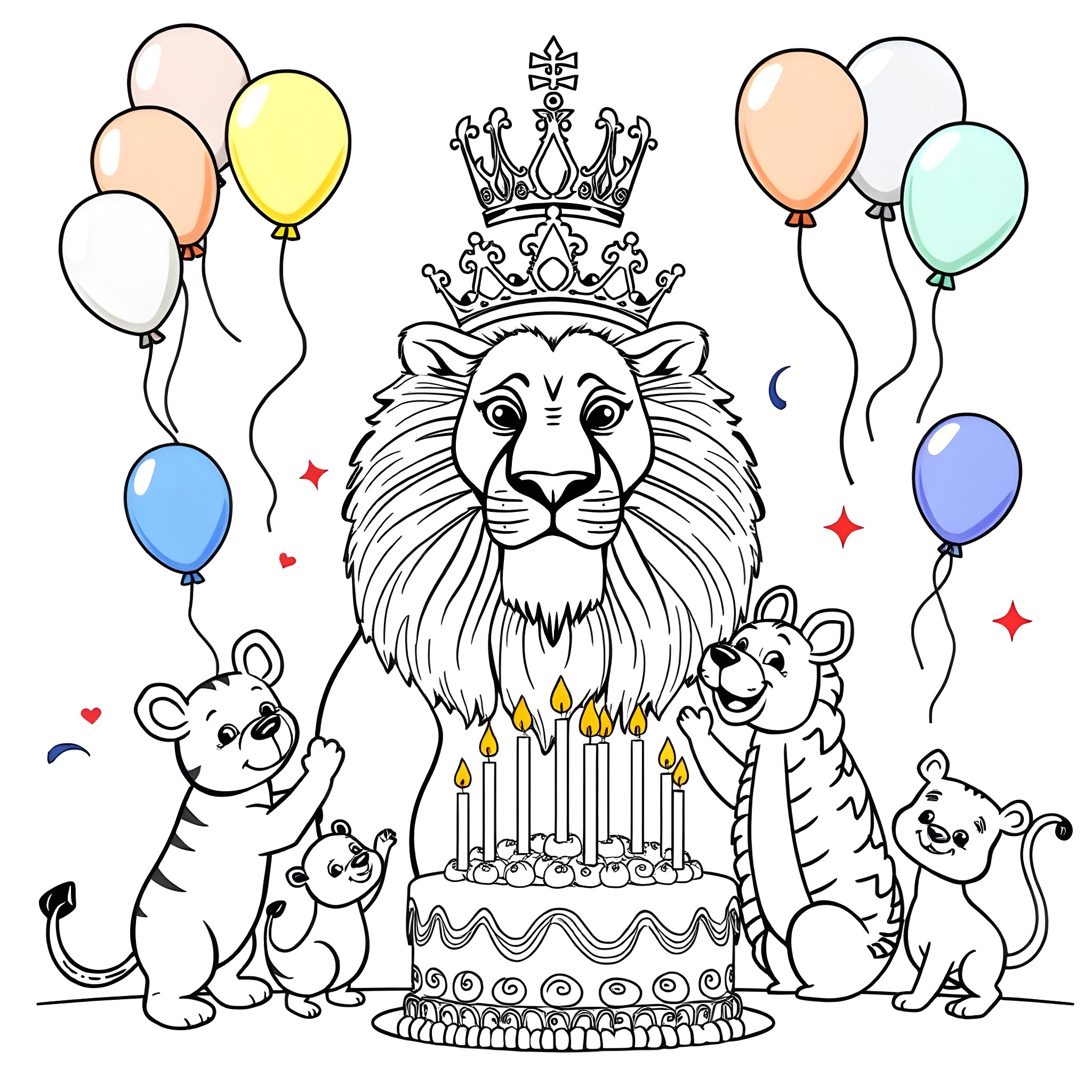 Lion celebrating birthday with animals and balloons Coloring Page (free black-and-white line drawing printable PDF for all, from beginners to advanced learners, including children, teens, adults, and seniors)