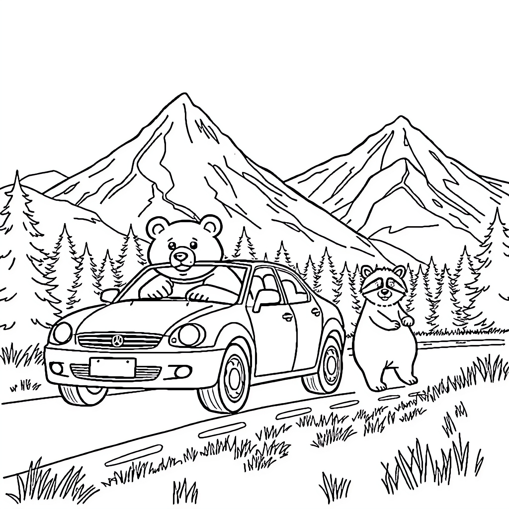 Car carrying stuffed animals in the mountains Coloring Page (free black-and-white line drawing printable PDF for all, from beginners to advanced learners, including children, teens, adults, and seniors)