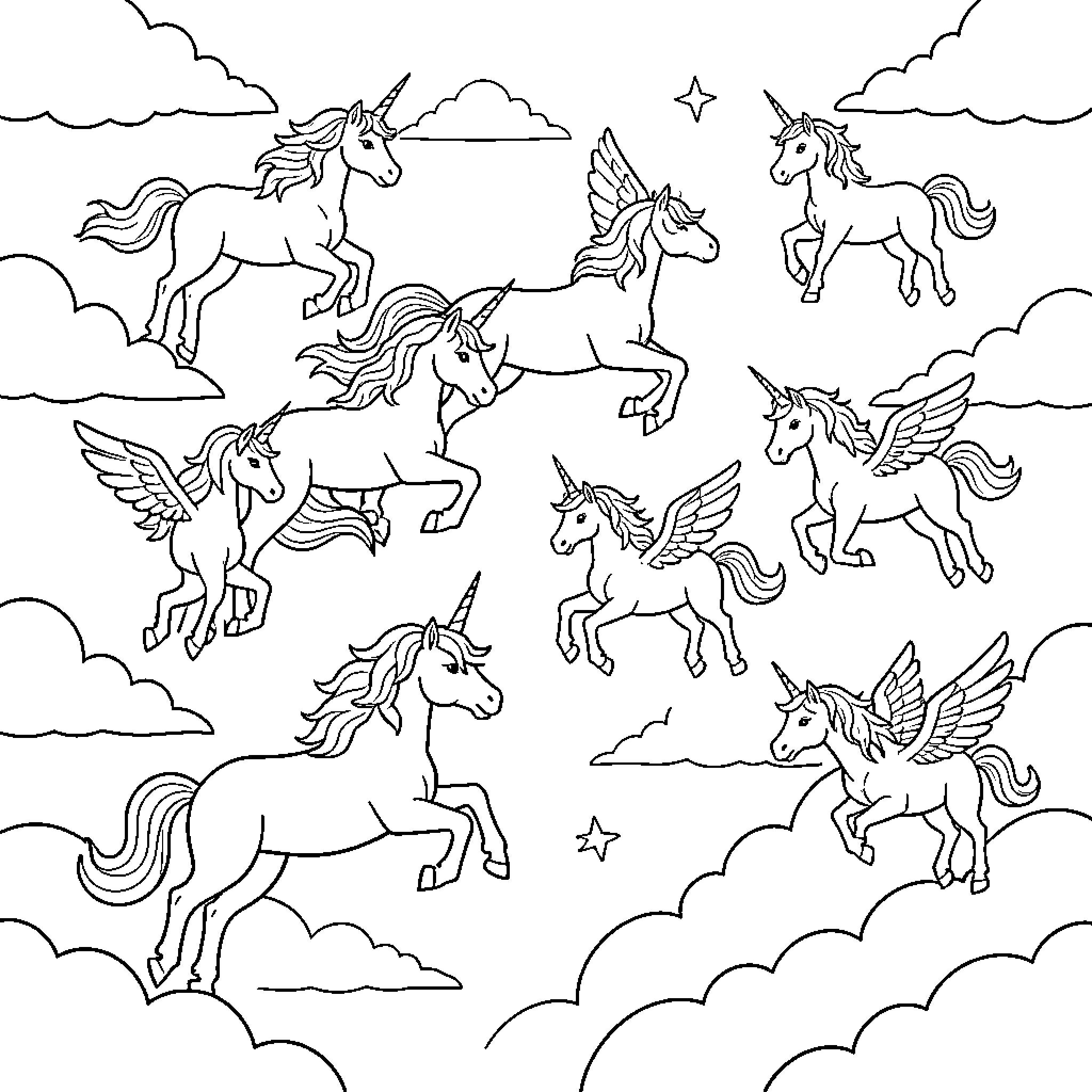 Unicorns leaping and flying through fluffy clouds Coloring Page (free black-and-white line drawing printable PDF for all, from beginners to advanced learners, including children, teens, adults, and seniors)