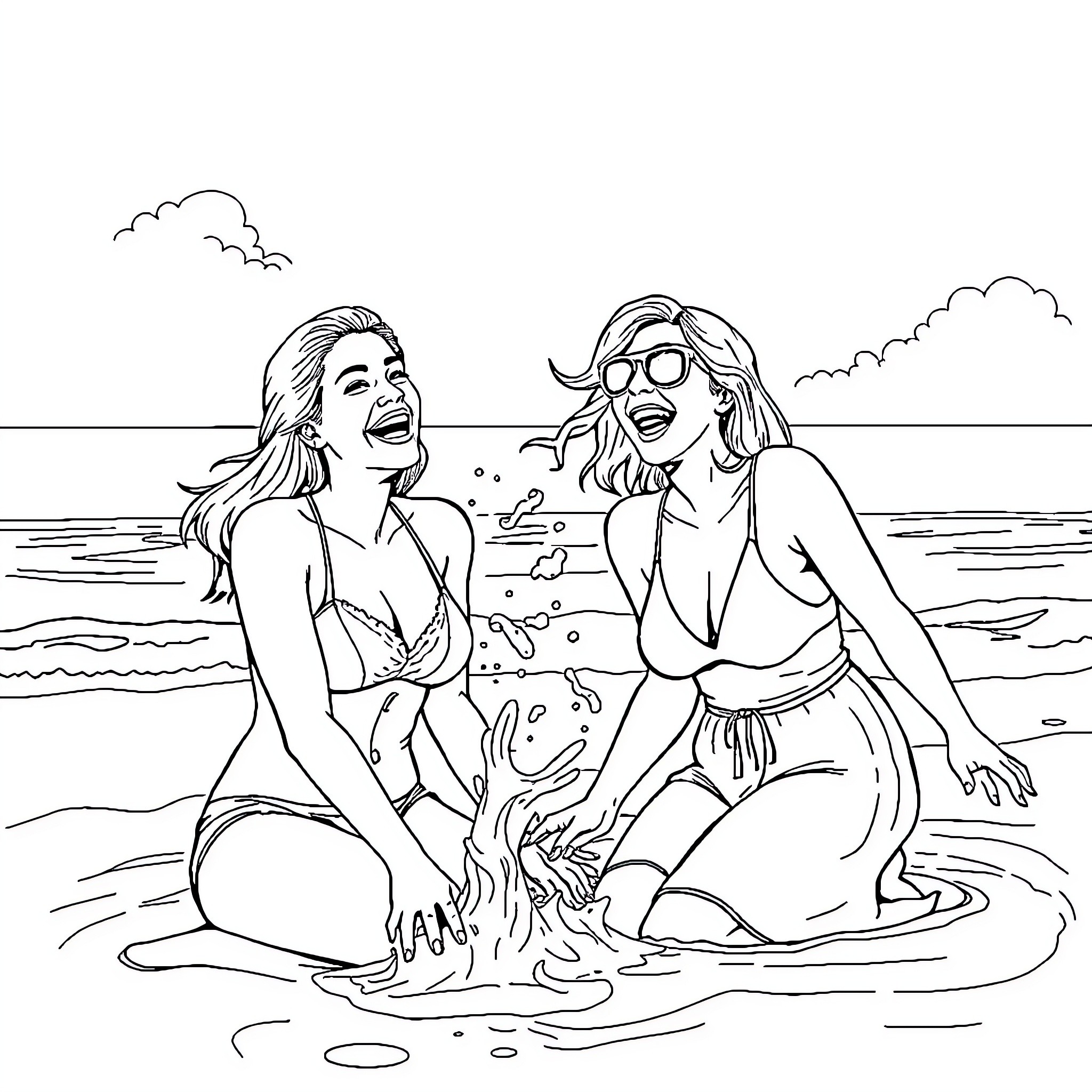 Lady friends enjoying beach day together Coloring Page (free black-and-white line drawing printable PDF for all, from beginners to advanced learners, including children, teens, adults, and seniors)