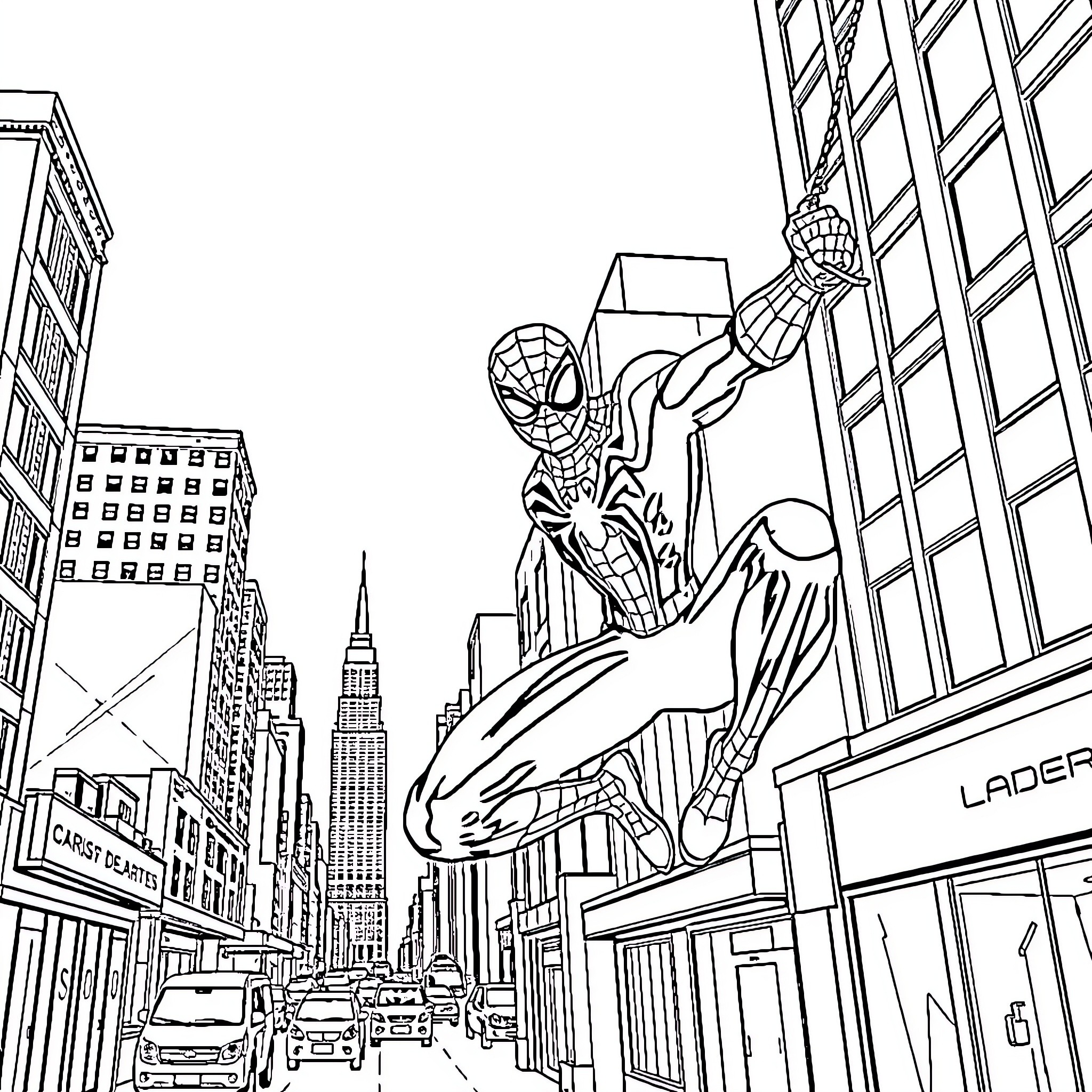 Spiderman swinging through the city skyline Coloring Page (free black-and-white line drawing printable PDF for all, from beginners to advanced learners, including children, teens, adults, and seniors)