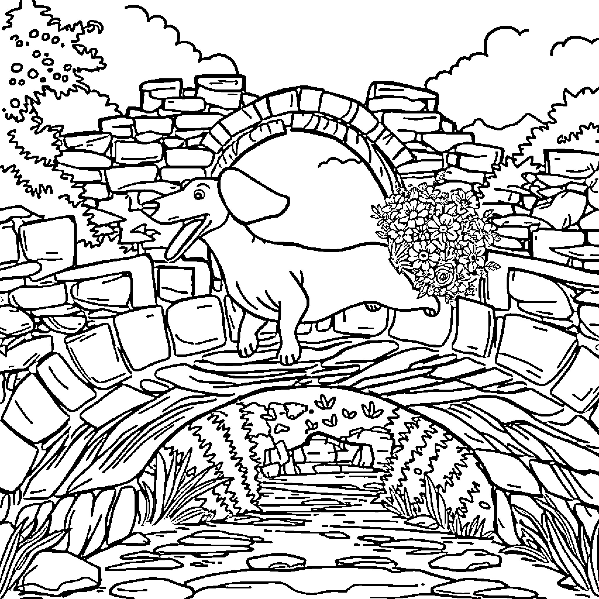Dachshund exploring a whimsical stone bridge landscape Coloring Page (free black-and-white line drawing printable PDF for all, from beginners to advanced learners, including children, teens, adults, and seniors)