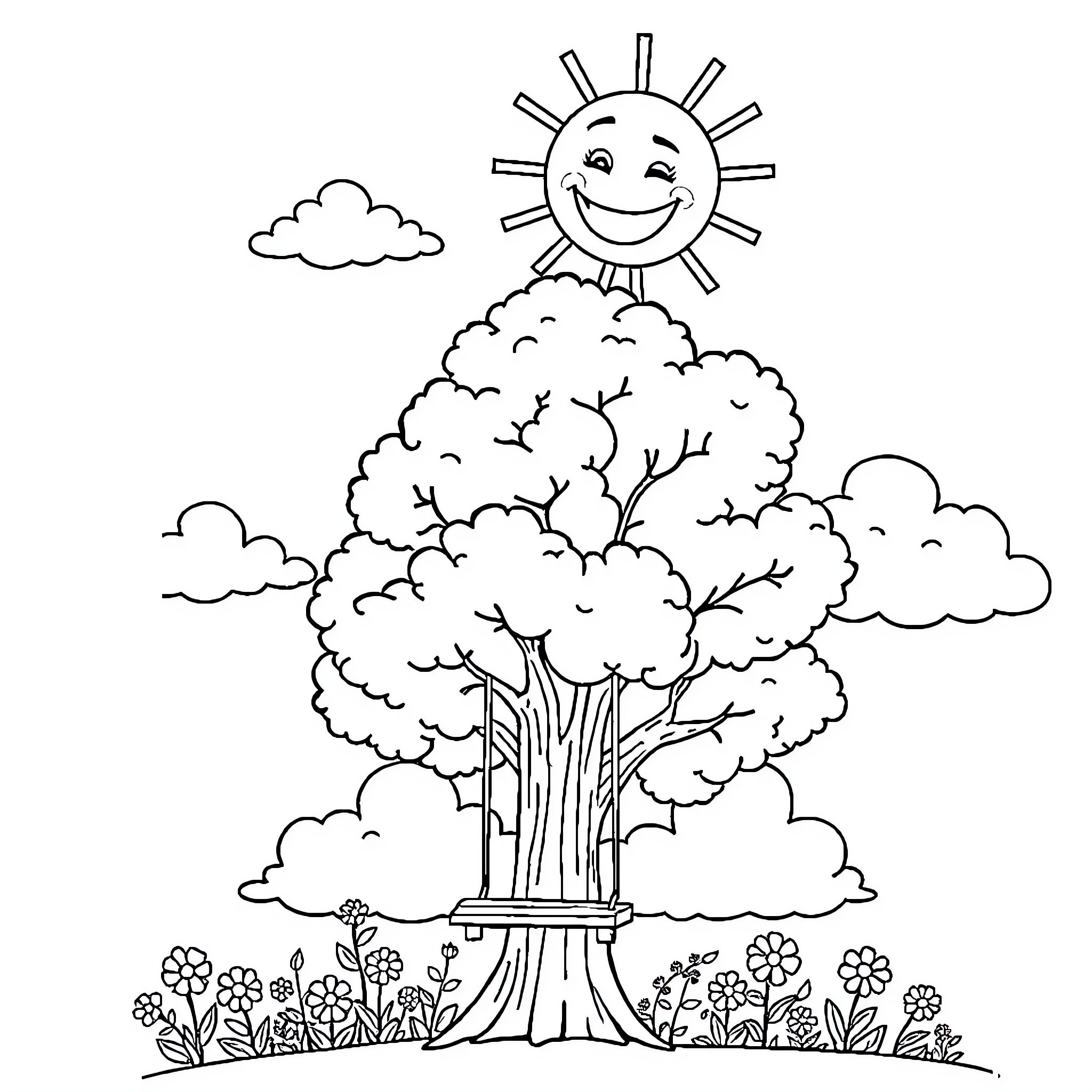 Sun smiling over a lush tree in nature Coloring Page (free black-and-white line drawing printable PDF for all, from beginners to advanced learners, including children, teens, adults, and seniors)