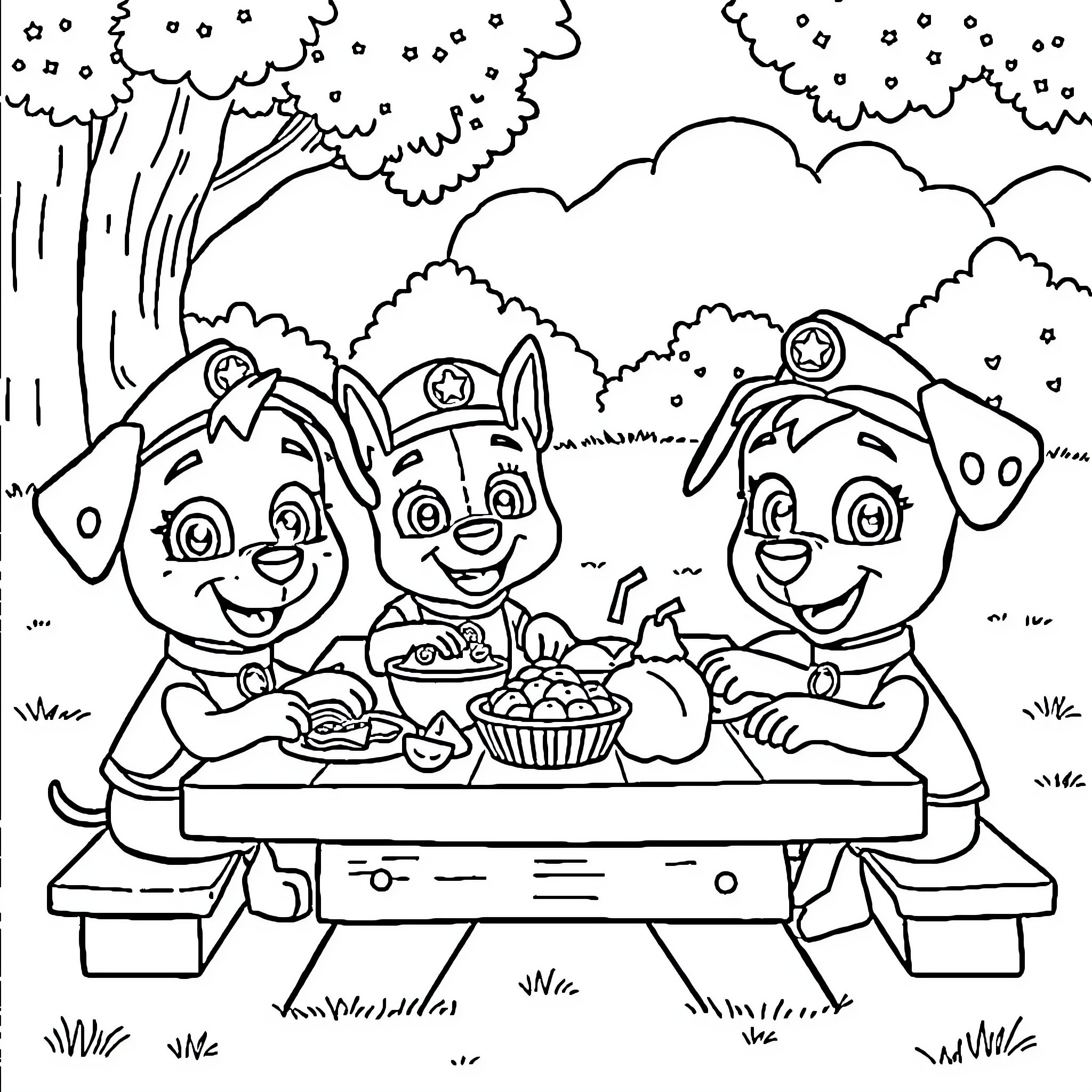 Paw Patrol characters enjoying a picnic in the park Coloring Page (free black-and-white line drawing printable PDF for all, from beginners to advanced learners, including children, teens, adults, and seniors)