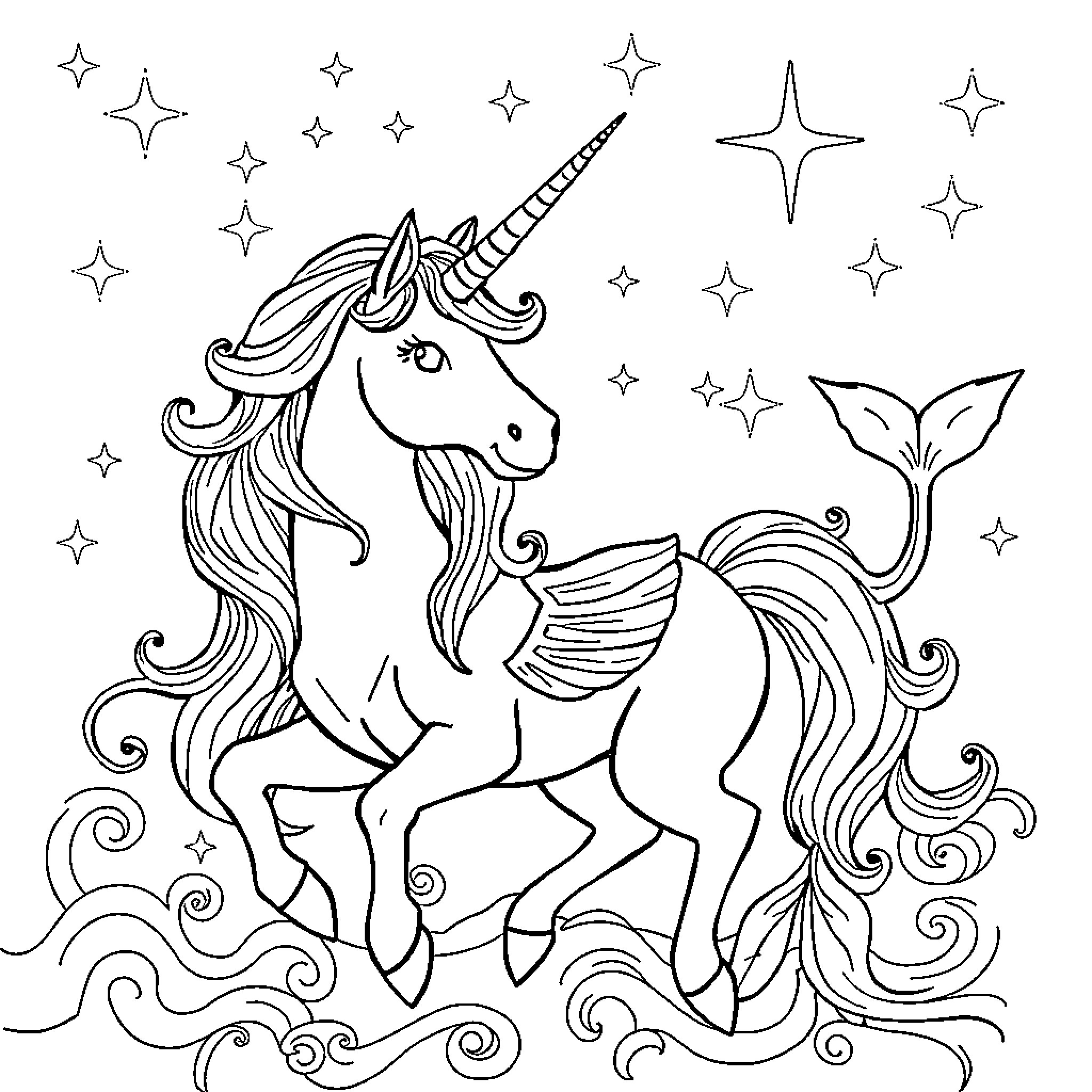 Unicorn swimming gracefully through a starry night Coloring Page (free black-and-white line drawing printable PDF for all, from beginners to advanced learners, including children, teens, adults, and seniors)