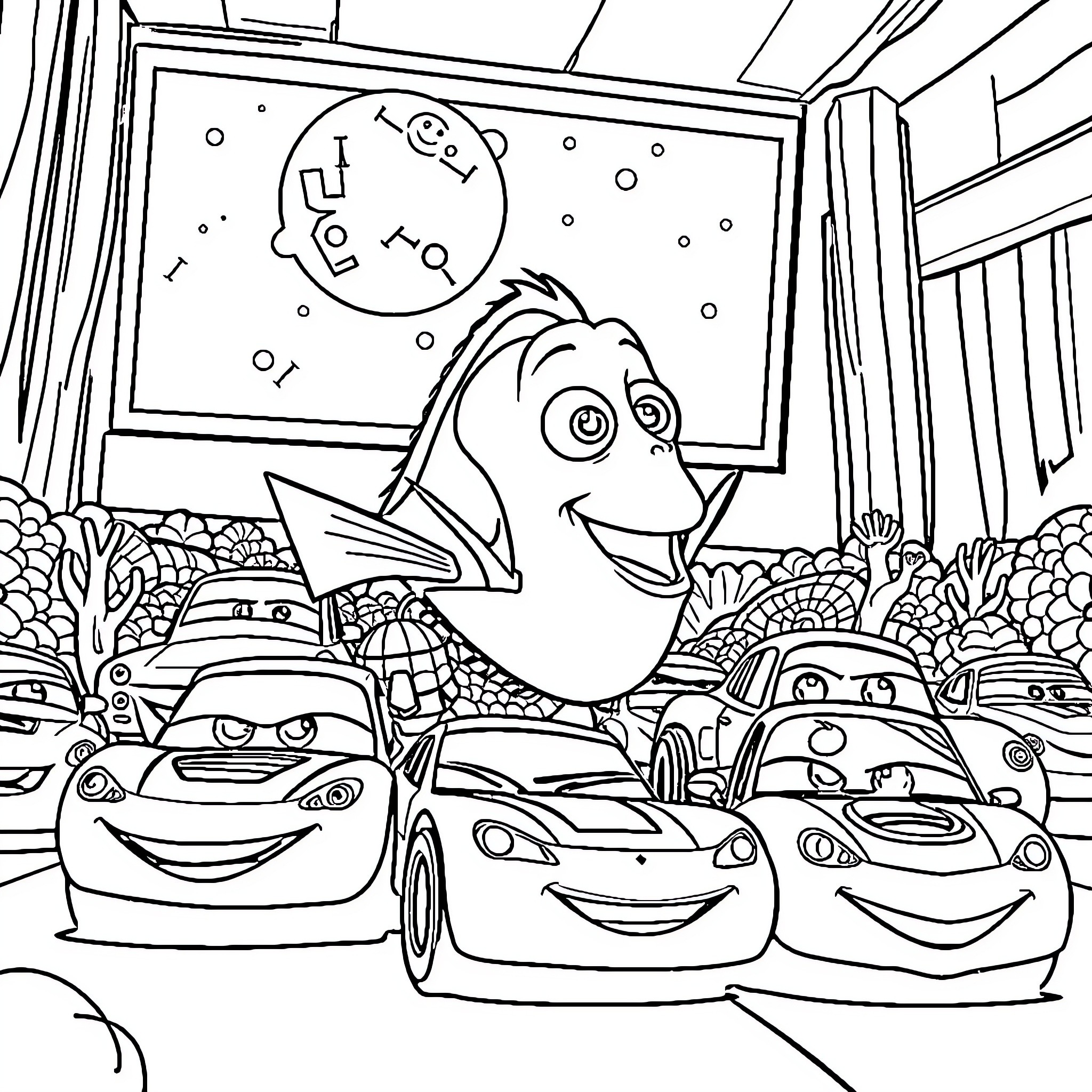 Dory enjoying time with Cars characters Coloring Page (free black-and-white line drawing printable PDF for all, from beginners to advanced learners, including children, teens, adults, and seniors)