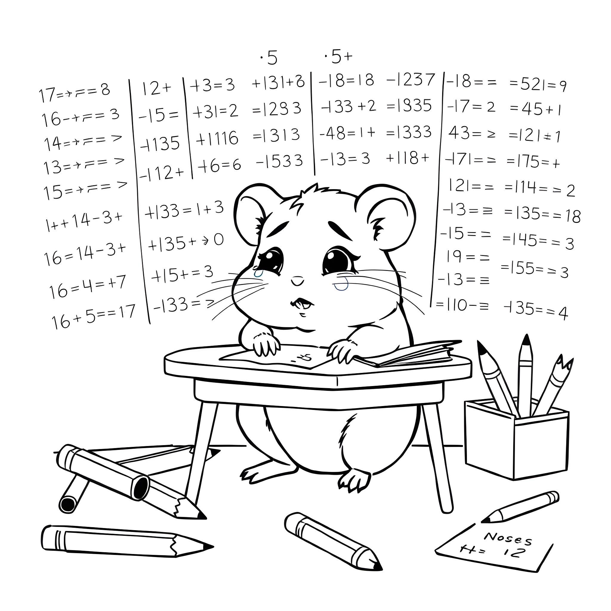 Hamster studying math equations on school desk Coloring Page (free black-and-white line drawing printable PDF for all, from beginners to advanced learners, including children, teens, adults, and seniors)