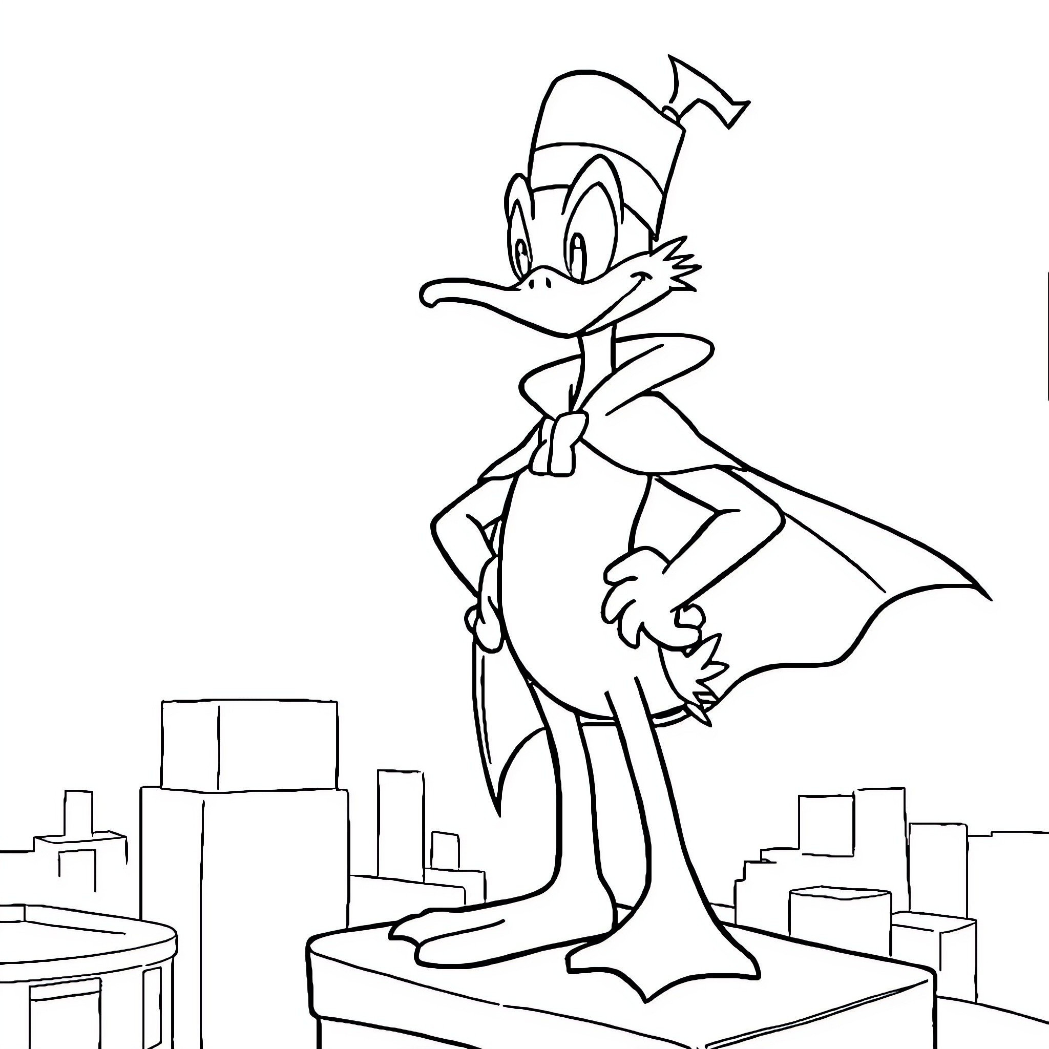 Darkwing Duck standing tall in the city Coloring Page (free black-and-white line drawing printable PDF for all, from beginners to advanced learners, including children, teens, adults, and seniors)