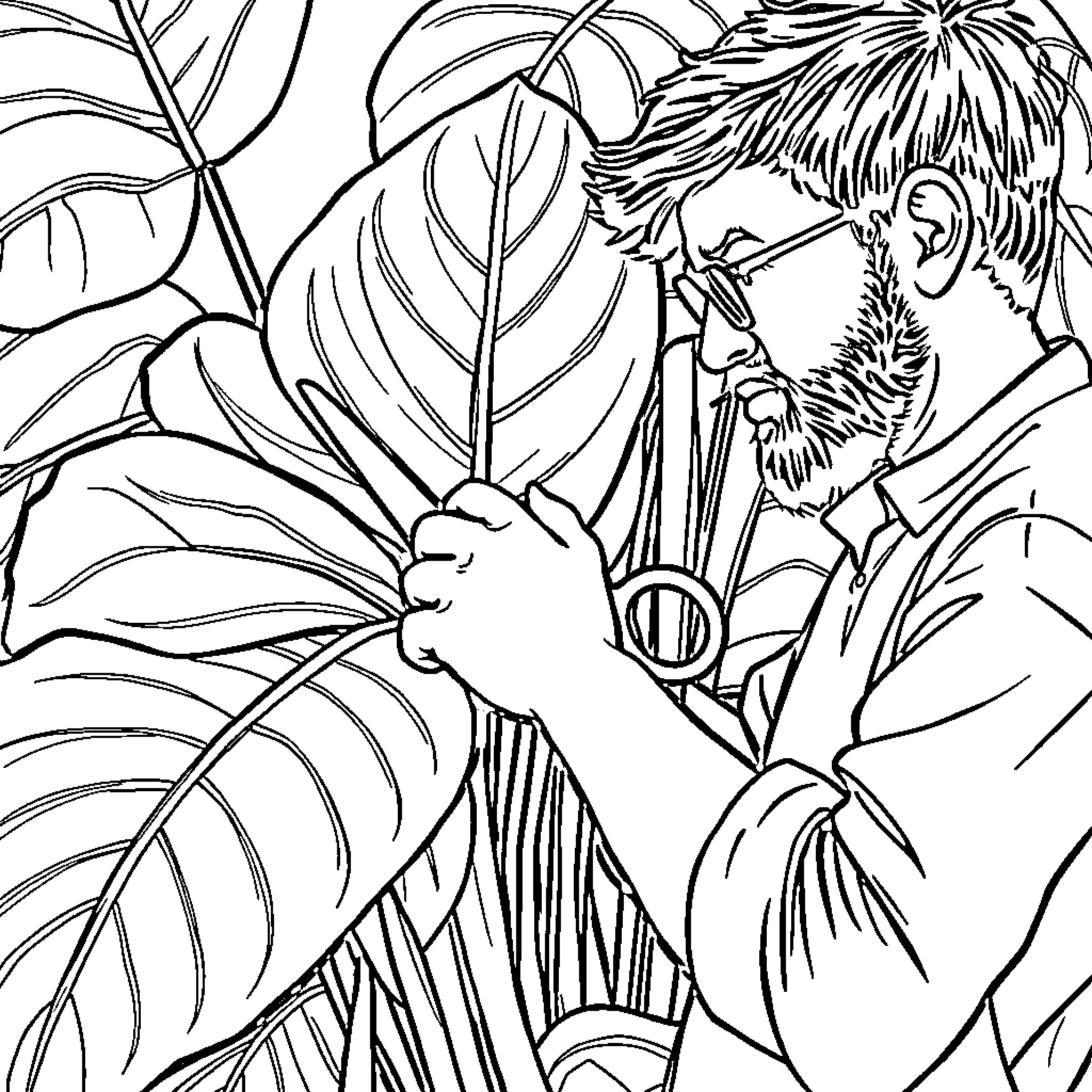 Monstera man exploring the lush tropical foliage Coloring Page (free black-and-white line drawing printable PDF for all, from beginners to advanced learners, including children, teens, adults, and seniors)