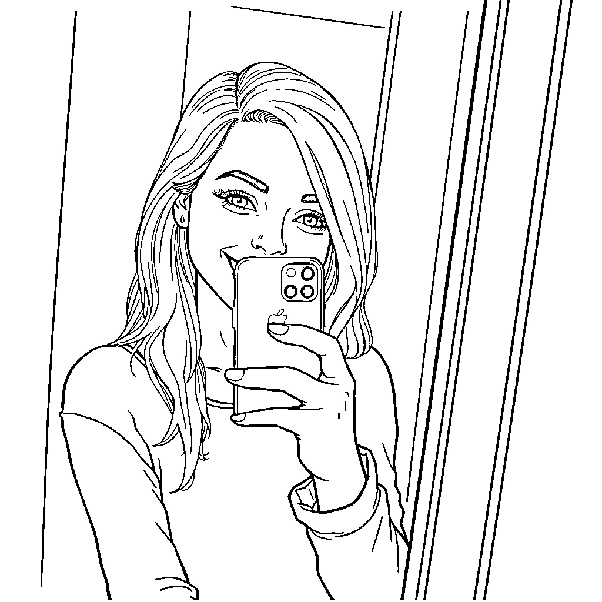 Girl taking a selfie with phone Coloring Page (free black-and-white line drawing printable PDF for all, from beginners to advanced learners, including children, teens, adults, and seniors)