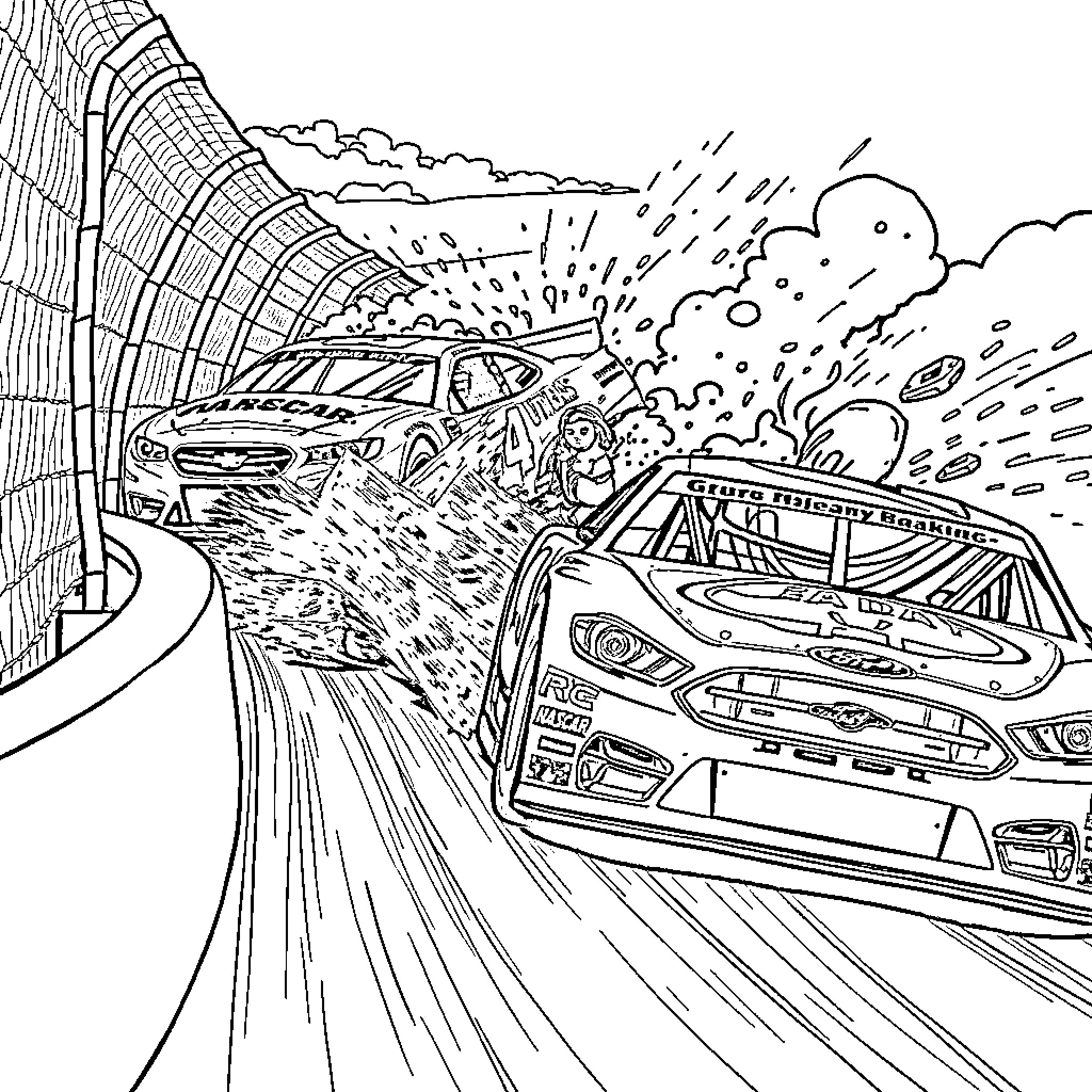 Nascar racers in high-speed action on the track Coloring Page (free black-and-white line drawing printable PDF for all, from beginners to advanced learners, including children, teens, adults, and seniors)