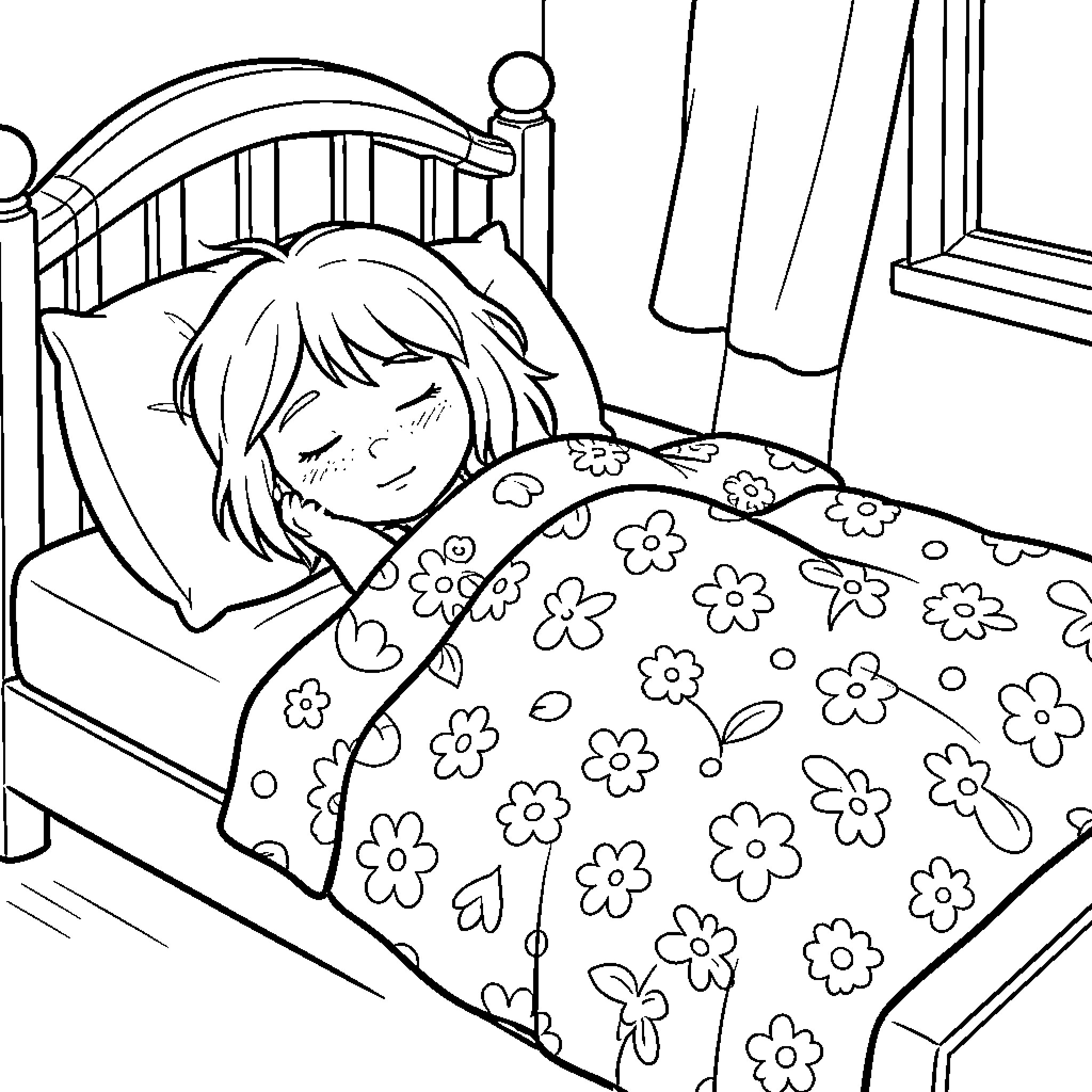 Girl sleeping peacefully in floral-patterned bed Coloring Page (free black-and-white line drawing printable PDF for all, from beginners to advanced learners, including children, teens, adults, and seniors)