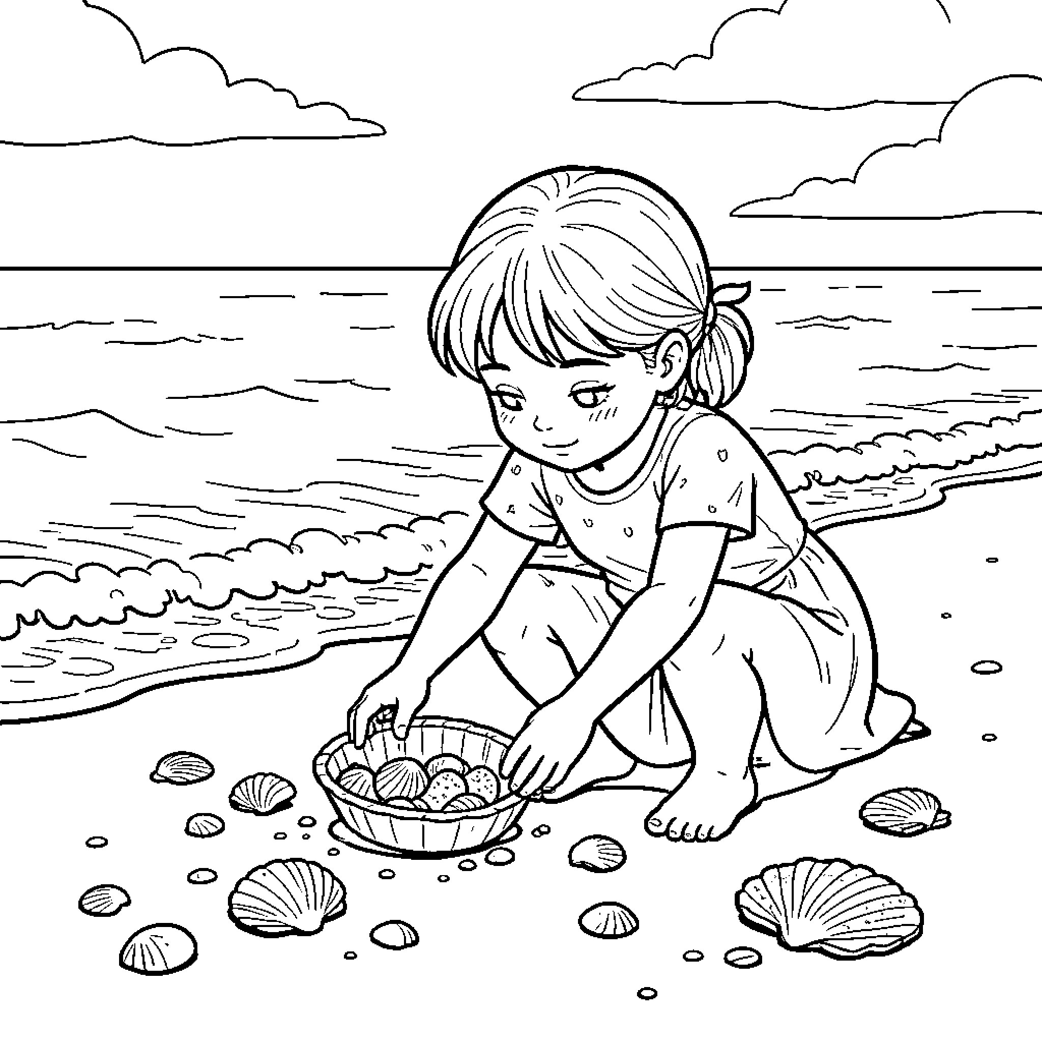 Vaïna collecting seashells on the sandy beach Coloring Page (free black-and-white line drawing printable PDF for all, from beginners to advanced learners, including children, teens, adults, and seniors)