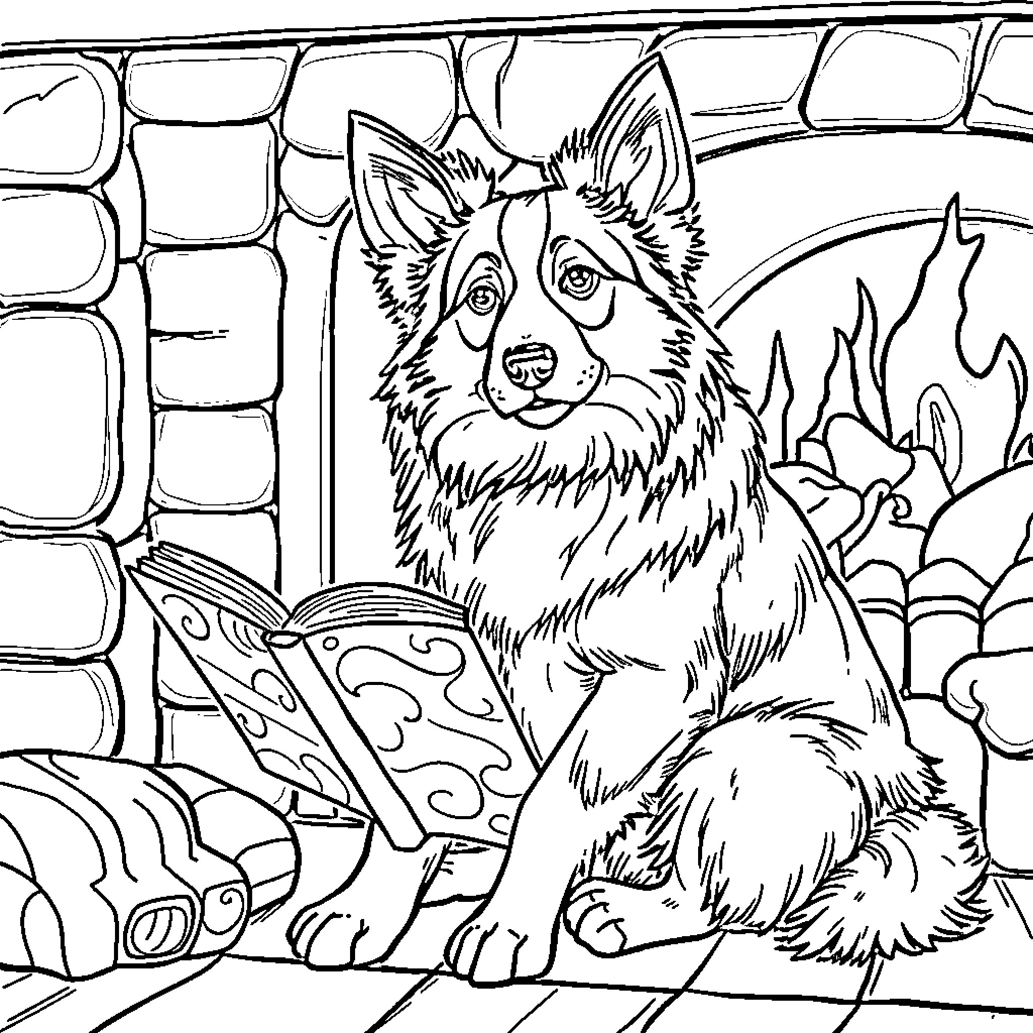 Border Collie reading a book by the fireplace Coloring Page (free black-and-white line drawing printable PDF for all, from beginners to advanced learners, including children, teens, adults, and seniors)