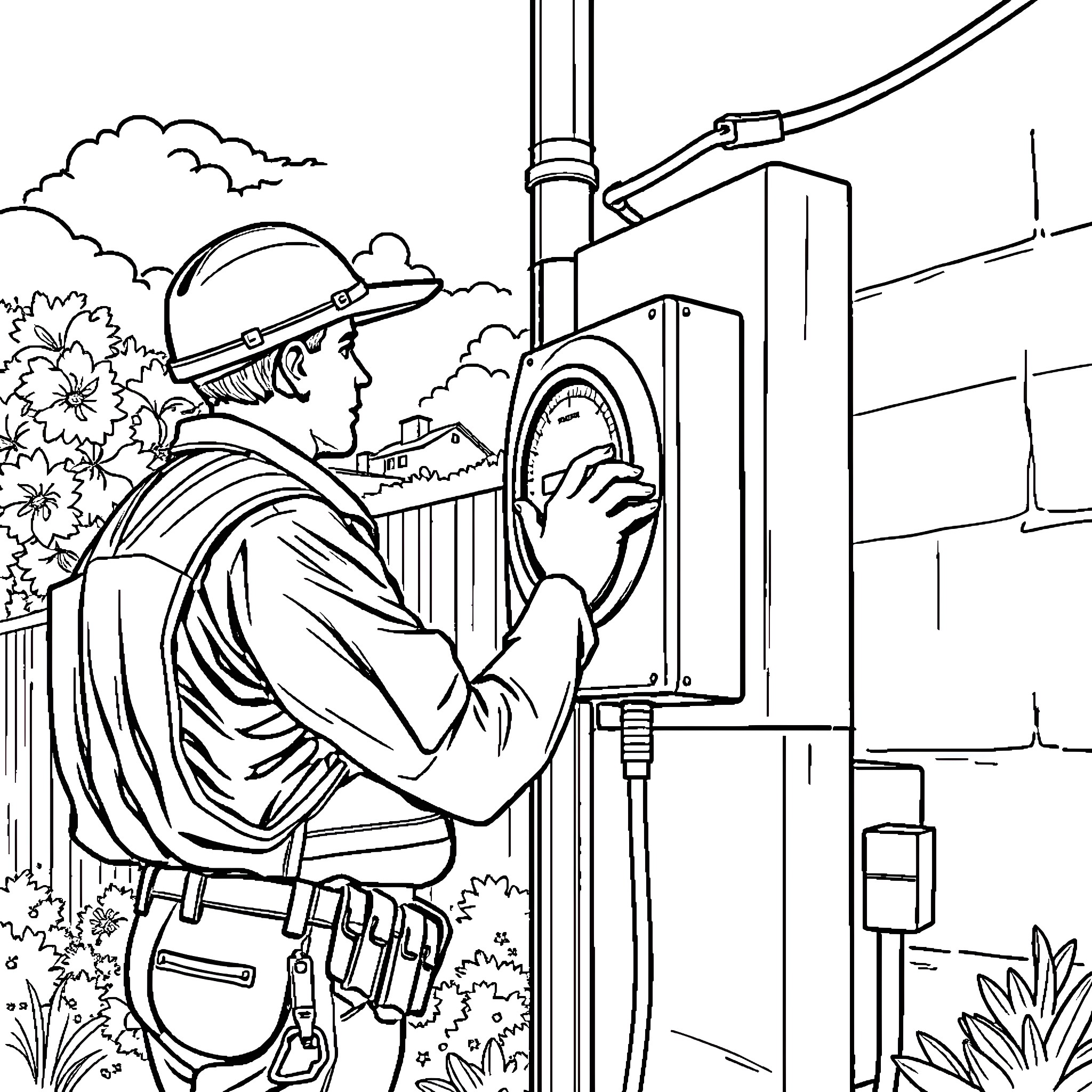 Meter Reader inspecting utility equipment outdoors Coloring Page (free black-and-white line drawing printable PDF for all, from beginners to advanced learners, including children, teens, adults, and seniors)
