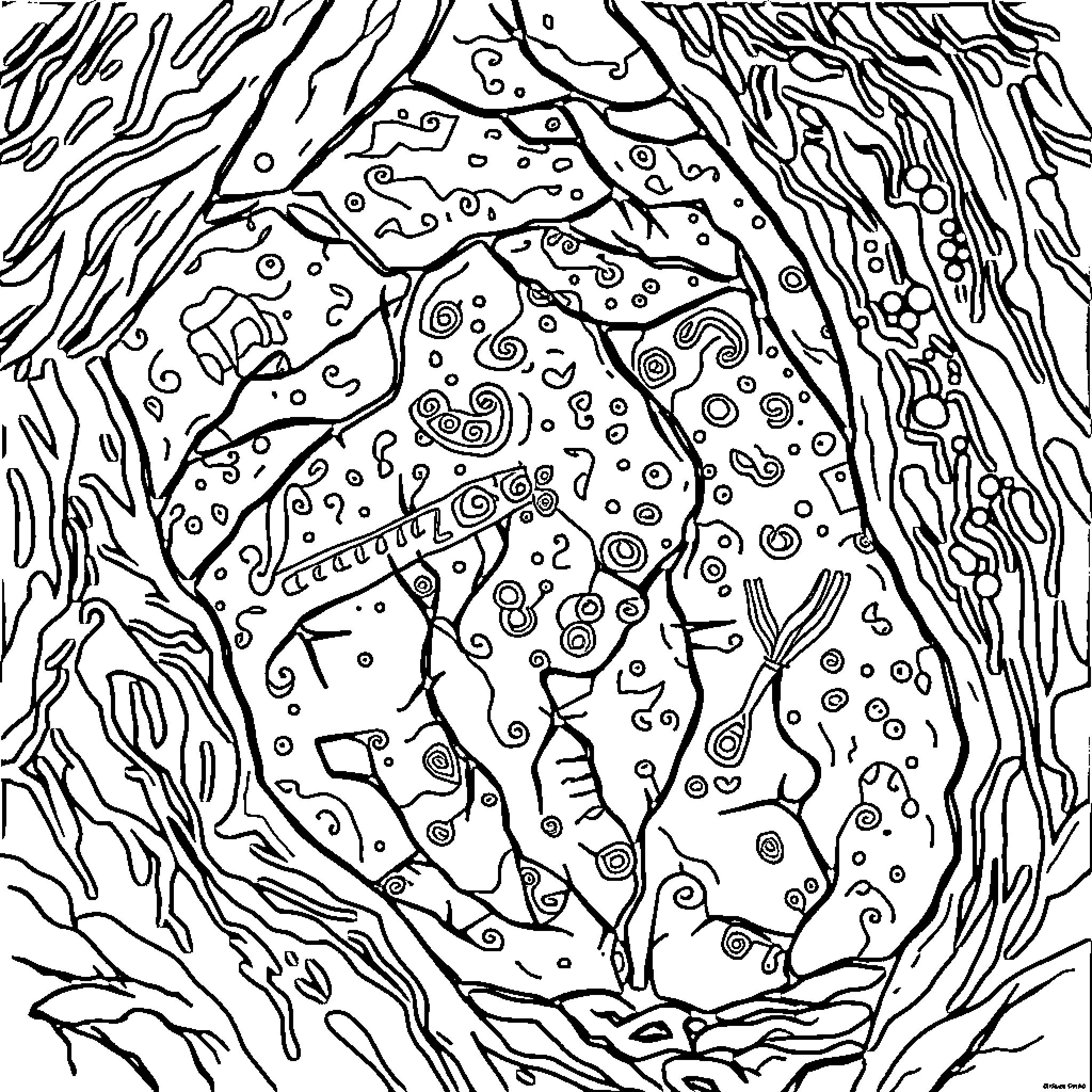 Cave Art with Abstract Patterns and Textures Coloring Page (free black-and-white line drawing printable PDF for all, from beginners to advanced learners, including children, teens, adults, and seniors)