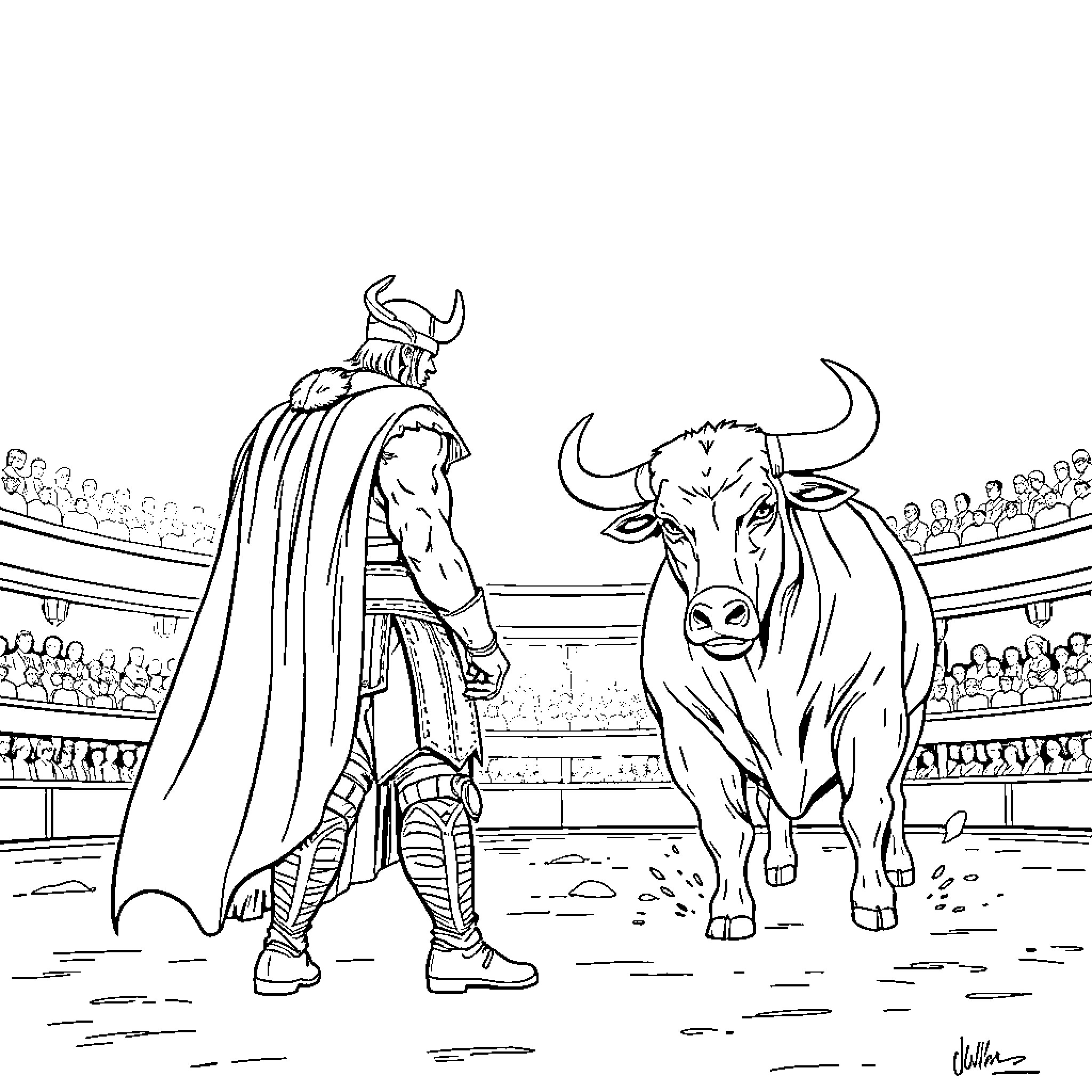 Thor facing off against a mighty bull in an arena Coloring Page (free black-and-white line drawing printable PDF for all, from beginners to advanced learners, including children, teens, adults, and seniors)