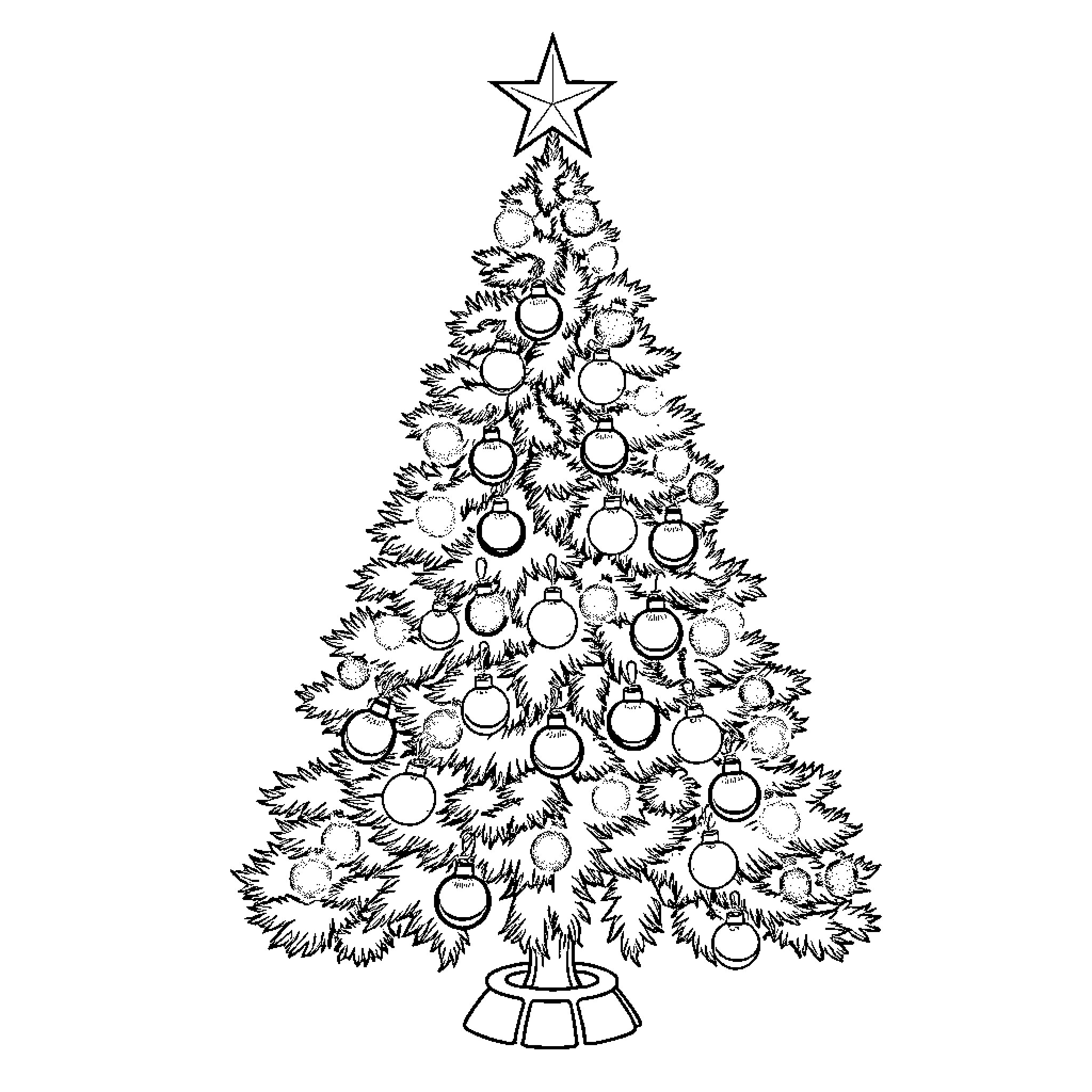 Christmas Tree with Ornaments and Topper Coloring Page (free black-and-white line drawing printable PDF for all, from beginners to advanced learners, including children, teens, adults, and seniors)