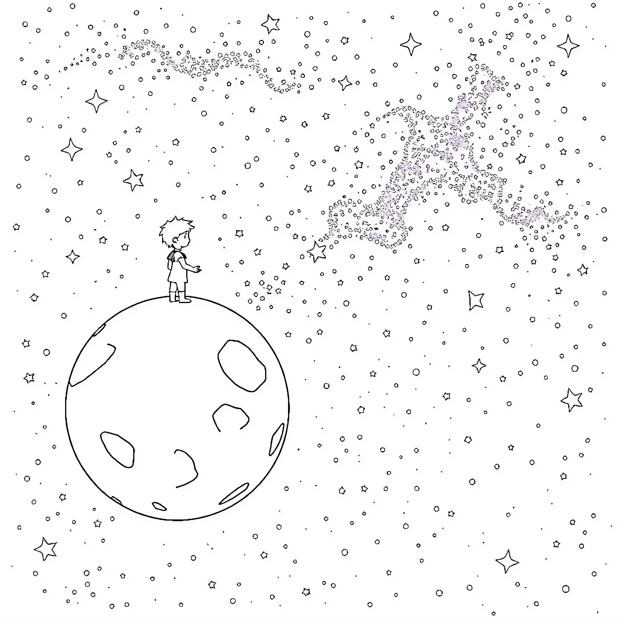Prince admires the celestial wonders in the night sky Coloring Page (free black-and-white line drawing printable PDF for all, from beginners to advanced learners, including children, teens, adults, and seniors)
