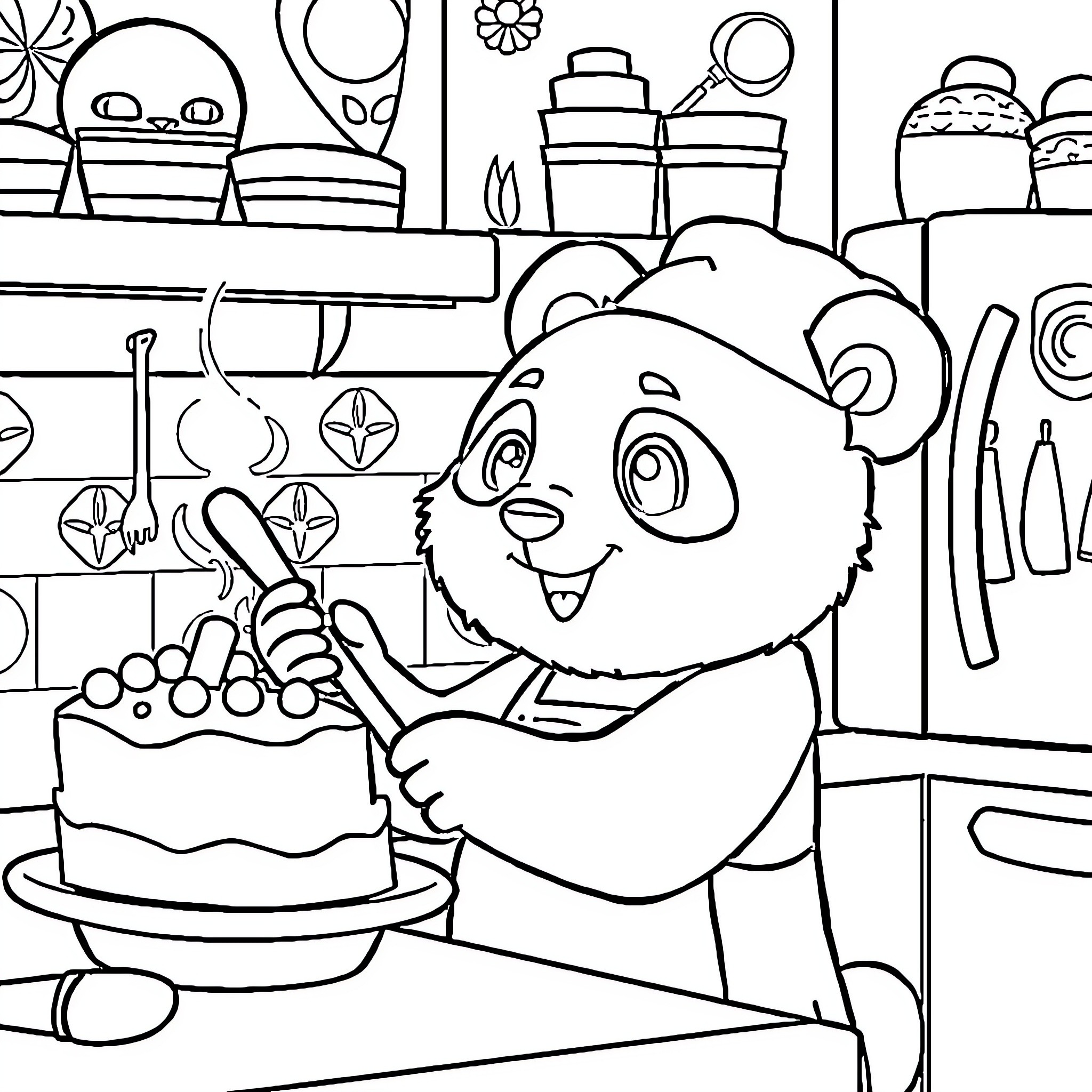 Panda baking a cake in the kitchen Coloring Page (free black-and-white line drawing printable PDF for all, from beginners to advanced learners, including children, teens, adults, and seniors)