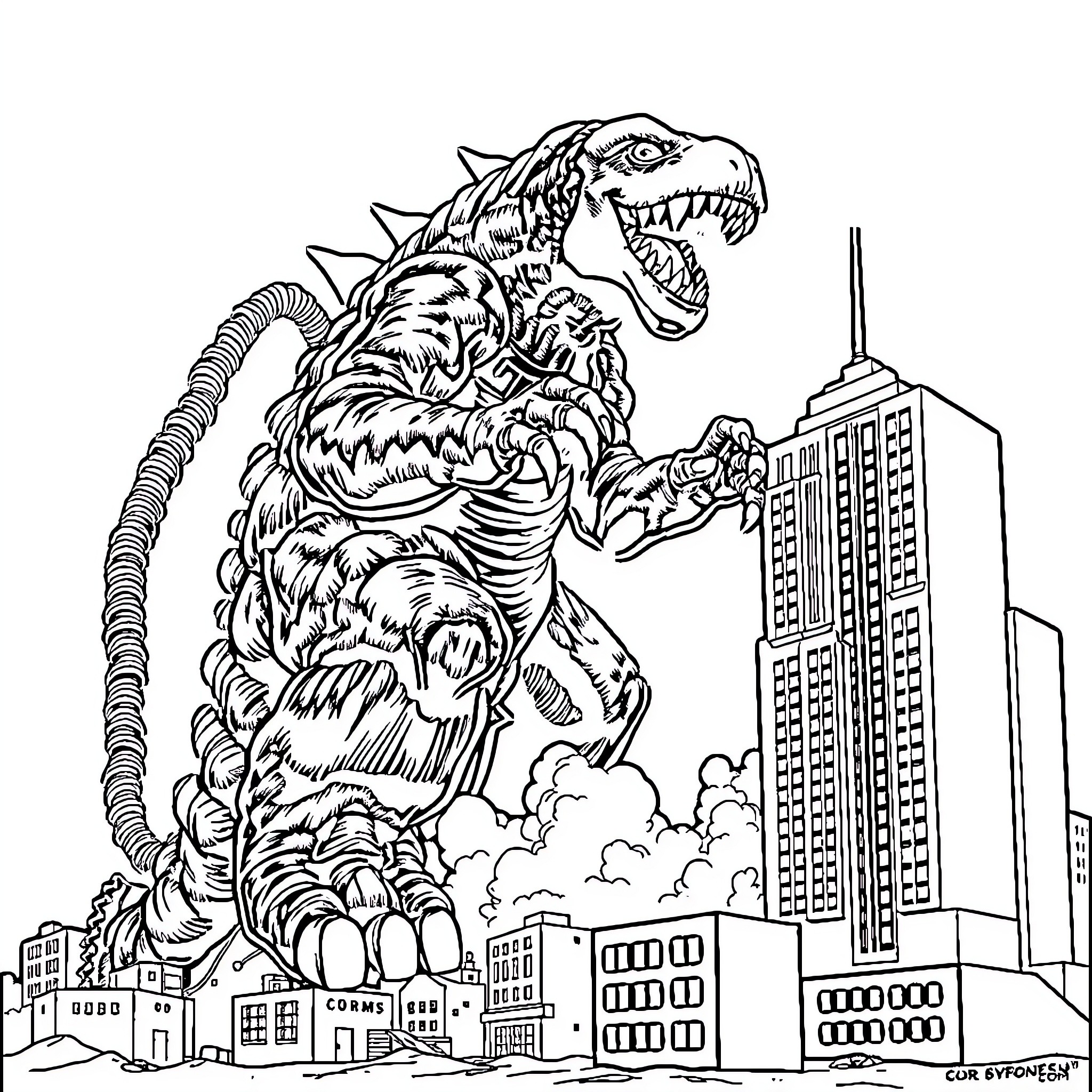 Telephone monster wreaks havoc in city Coloring Page (free black-and-white line drawing printable PDF for all, from beginners to advanced learners, including children, teens, adults, and seniors)