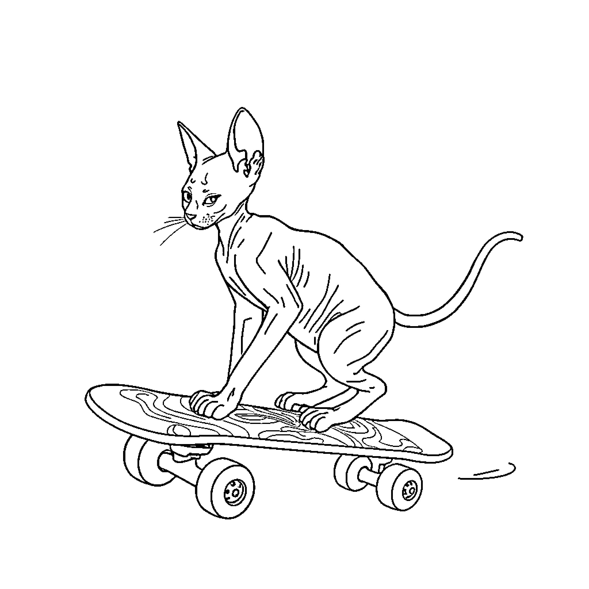 Sphynx Cat riding a skateboard Coloring Page (free black-and-white line drawing printable PDF for all, from beginners to advanced learners, including children, teens, adults, and seniors)
