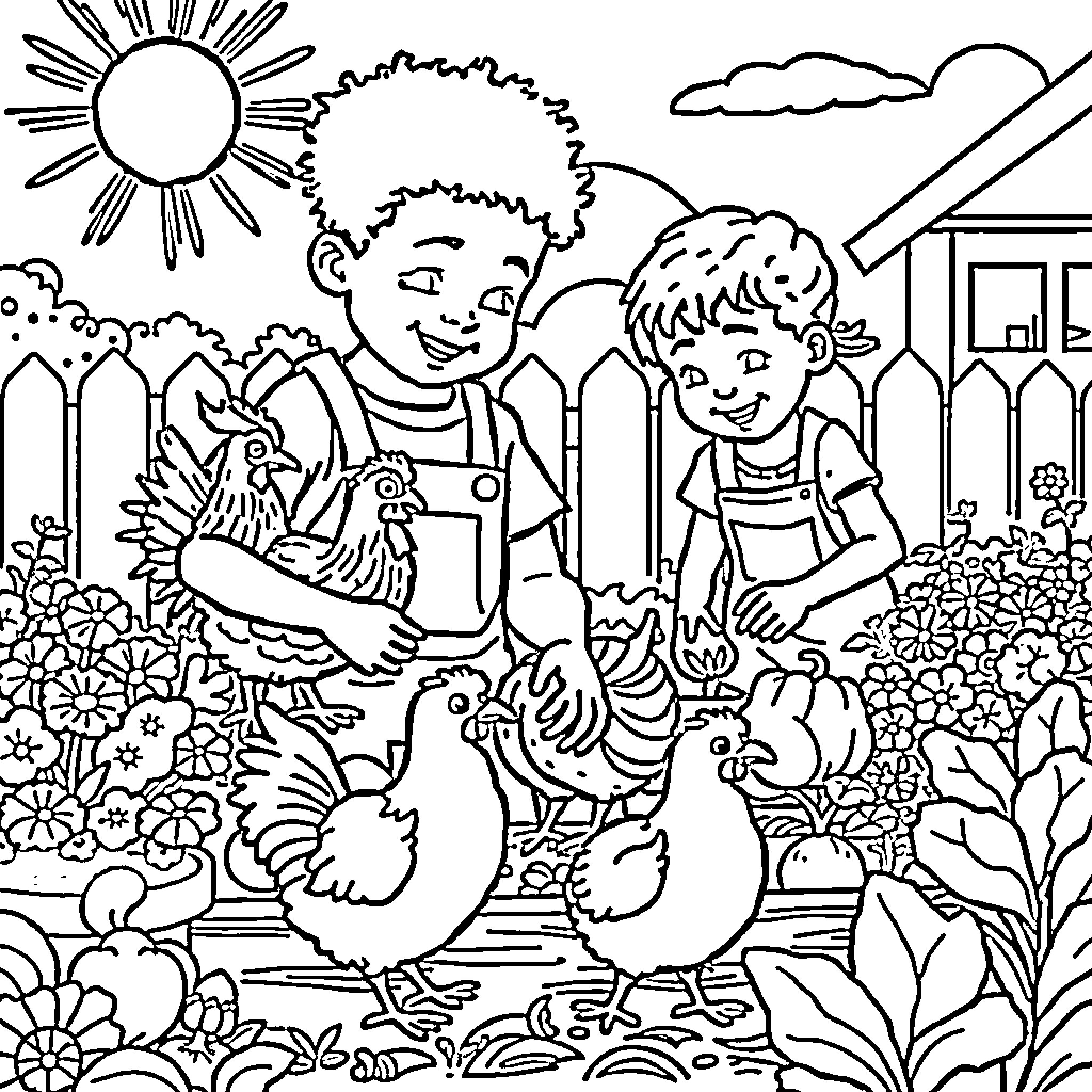 Kid playing with chickens in the garden Coloring Page (free black-and-white line drawing printable PDF for all, from beginners to advanced learners, including children, teens, adults, and seniors)