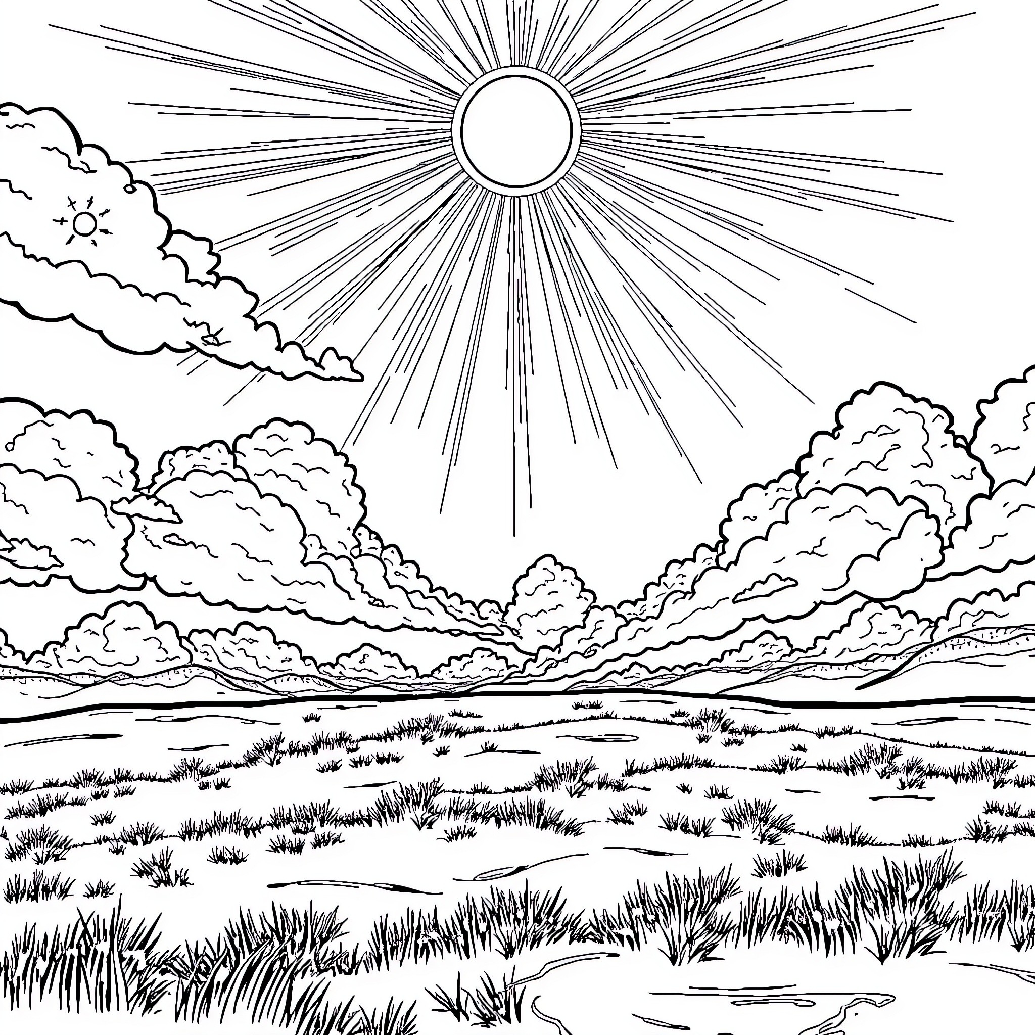 Heaven and Earth: Radiant Sun Shining over Serene Landscape Coloring Page (free black-and-white line drawing printable PDF for all, from beginners to advanced learners, including children, teens, adults, and seniors)
