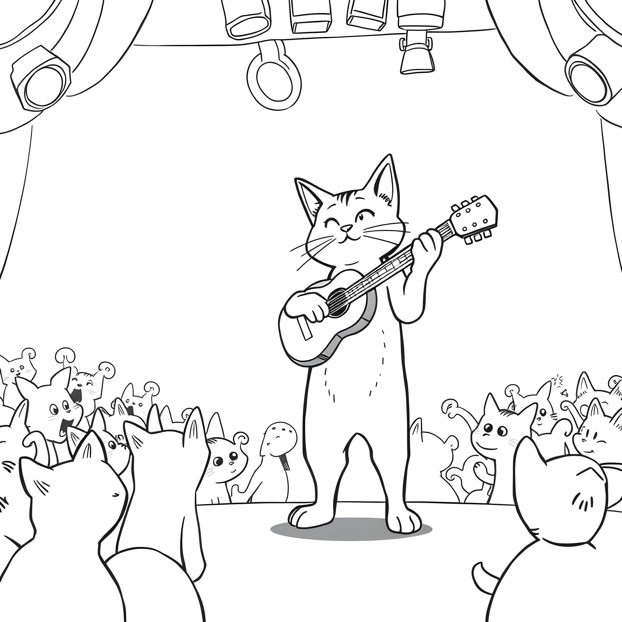 Cat playing guitar with a crowd of animals Coloring Page (free black-and-white line drawing printable PDF for all, from beginners to advanced learners, including children, teens, adults, and seniors)