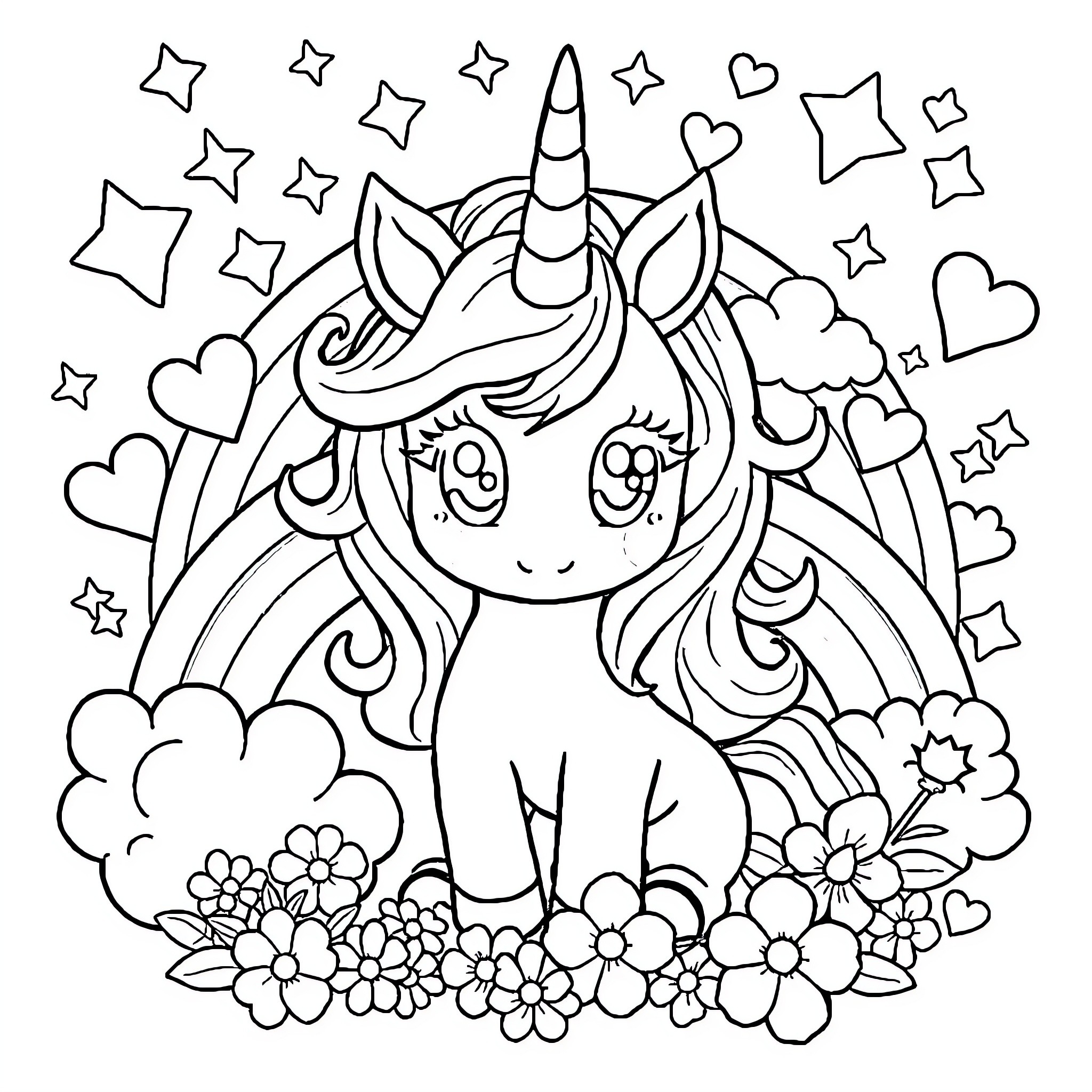 Unicorn surrounded by magical stars and flowers Coloring Page (free black-and-white line drawing printable PDF for all, from beginners to advanced learners, including children, teens, adults, and seniors)