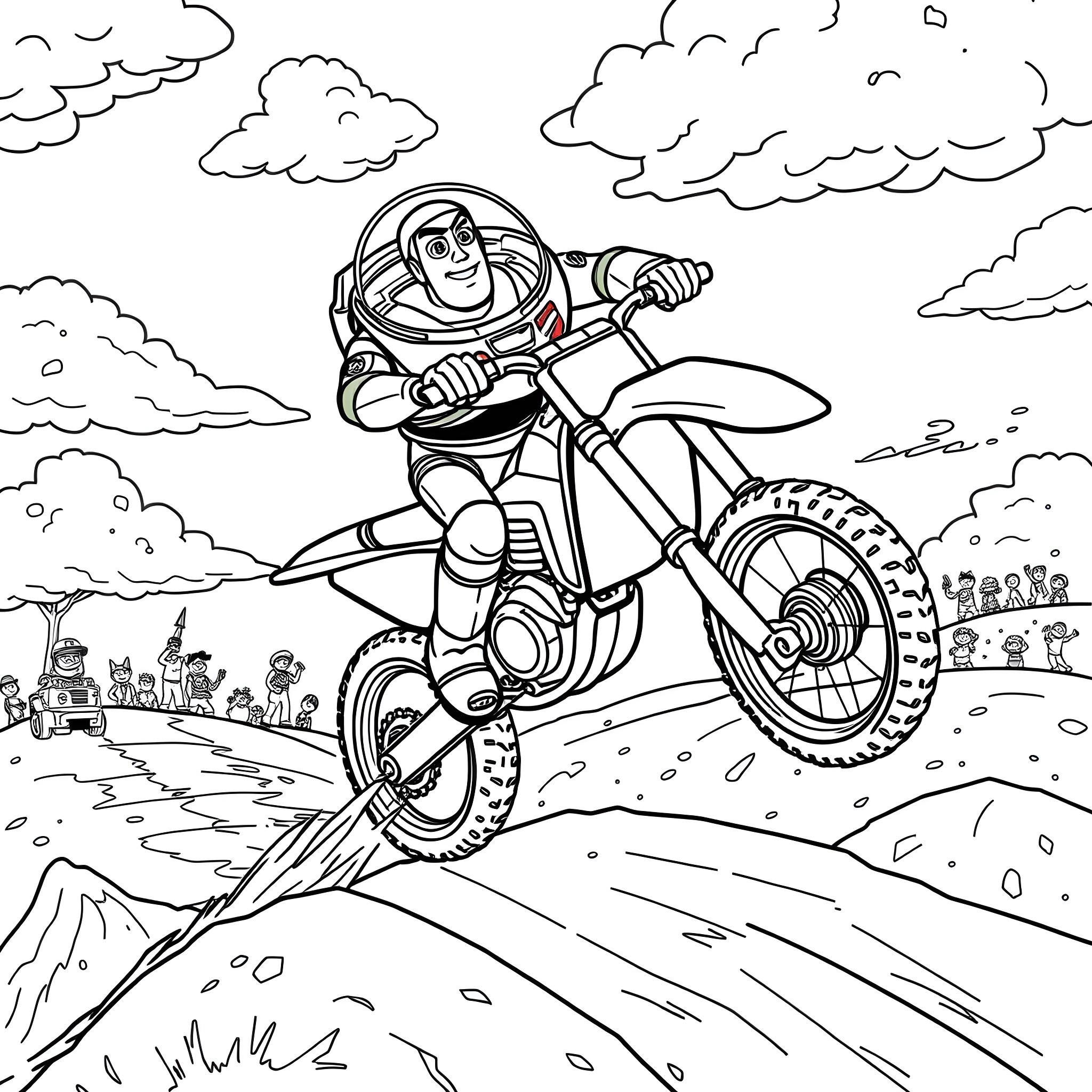 Buzz riding an off-road motorcycle on a rocky trail Coloring Page (free black-and-white line drawing printable PDF for all, from beginners to advanced learners, including children, teens, adults, and seniors)