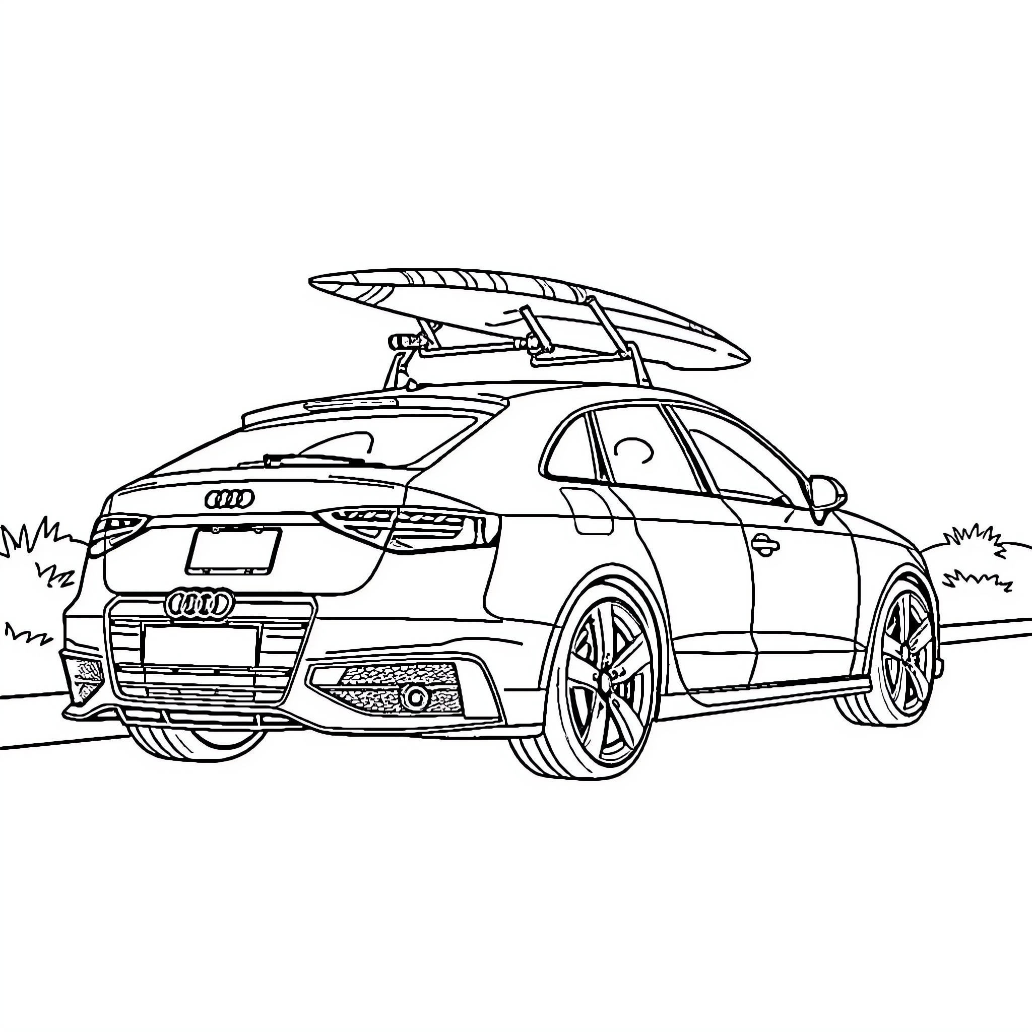 Audi A3 with surfboard on roof rack Coloring Page (free black-and-white line drawing printable PDF for all, from beginners to advanced learners, including children, teens, adults, and seniors)
