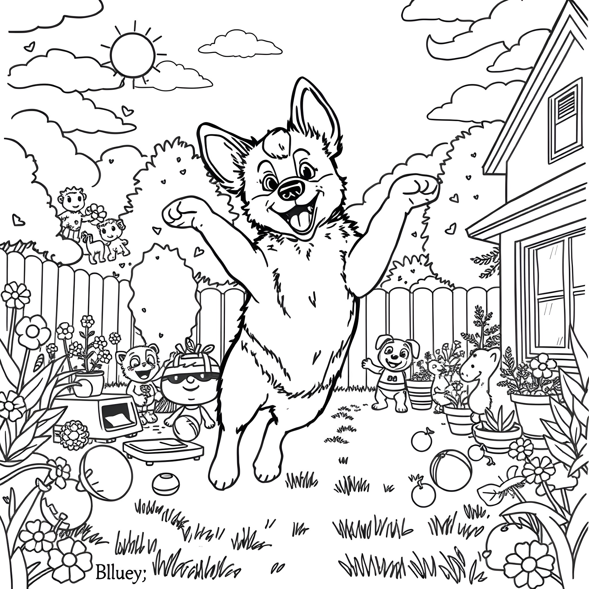 Bluey's Outdoor Adventure Coloring Page (free black-and-white line drawing printable PDF for all, from beginners to advanced learners, including children, teens, adults, and seniors)