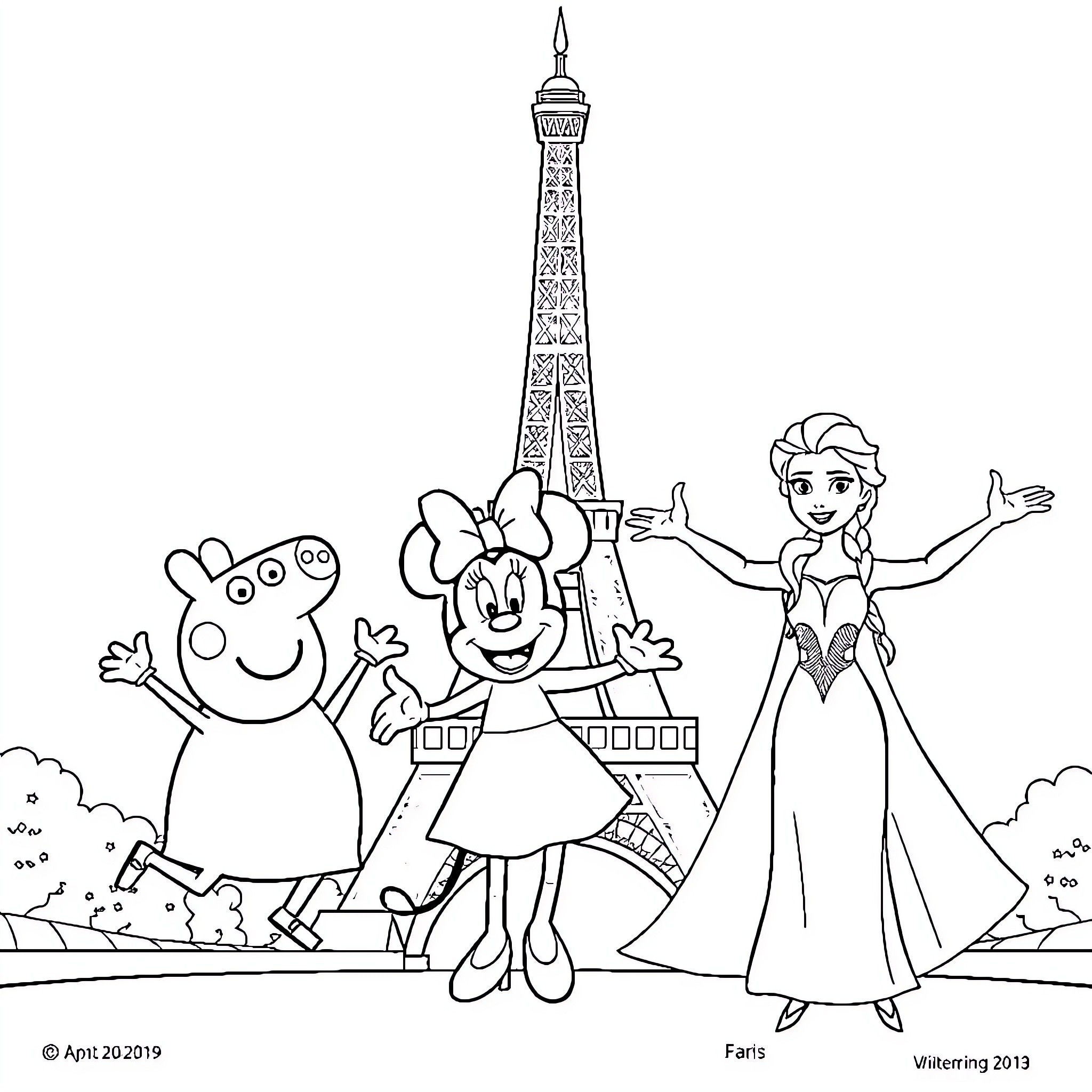Peppa Pig and friends visit the Eiffel Tower Coloring Page (free black-and-white line drawing printable PDF for all, from beginners to advanced learners, including children, teens, adults, and seniors)