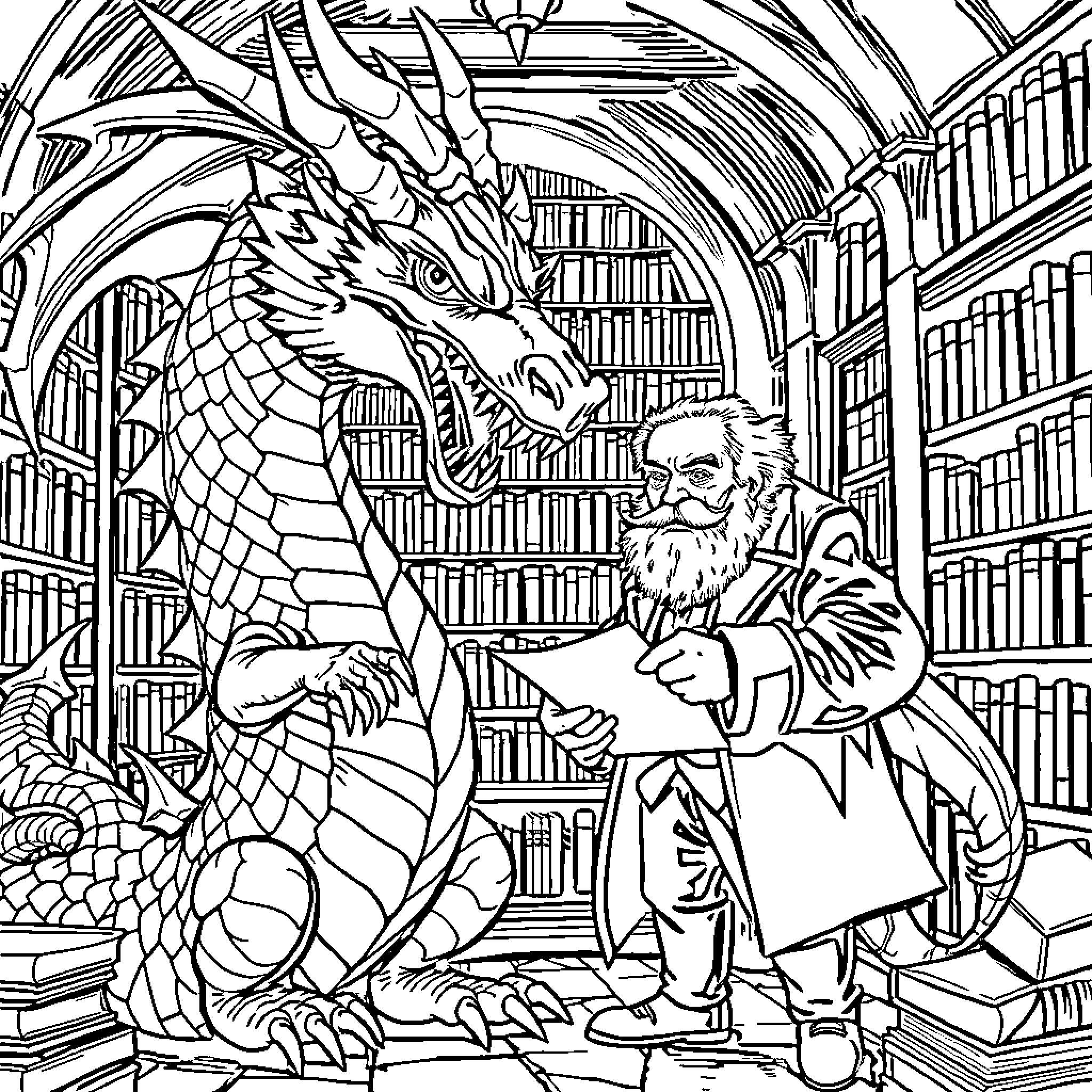 Dragon Guarding the Magical Library Coloring Page (free black-and-white line drawing printable PDF for all, from beginners to advanced learners, including children, teens, adults, and seniors)