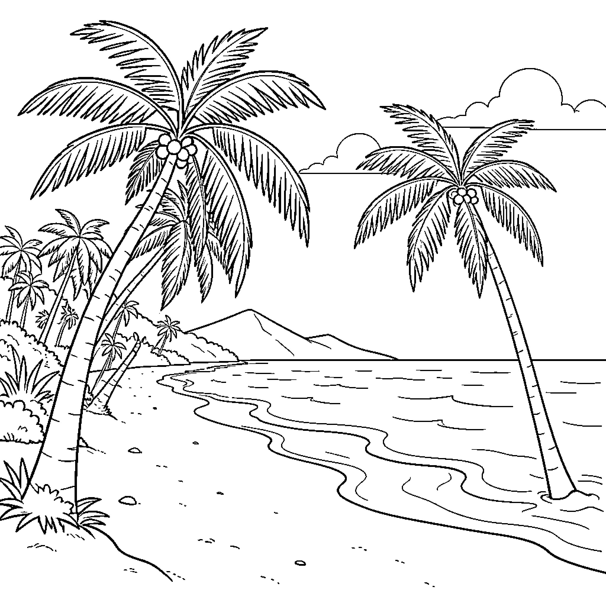 Tahiti tropical beach scene with palm trees and ocean Coloring Page (free black-and-white line drawing printable PDF for all, from beginners to advanced learners, including children, teens, adults, and seniors)