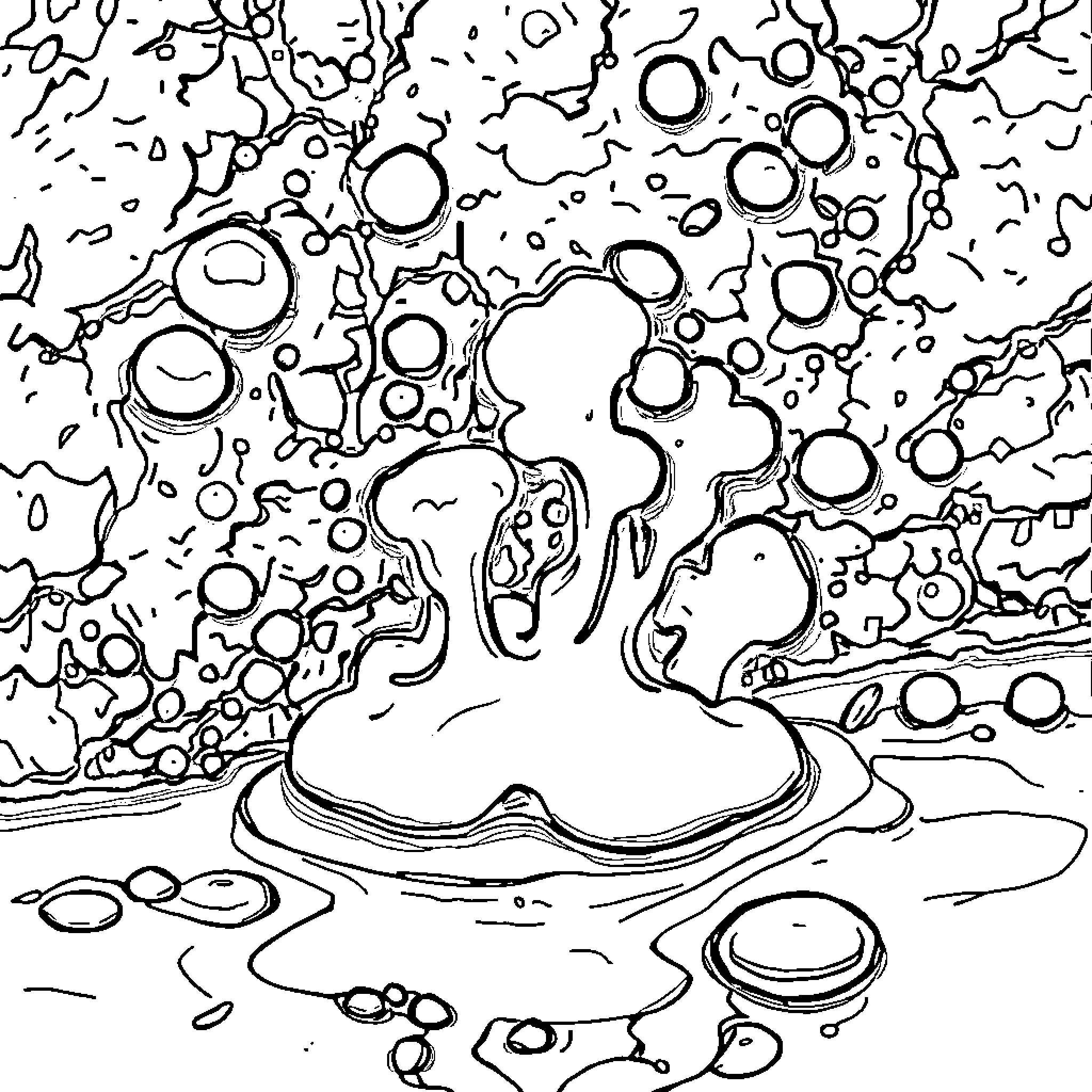 Water Mold Creatures Thriving in Aquatic Environment Coloring Page (free black-and-white line drawing printable PDF for all, from beginners to advanced learners, including children, teens, adults, and seniors)
