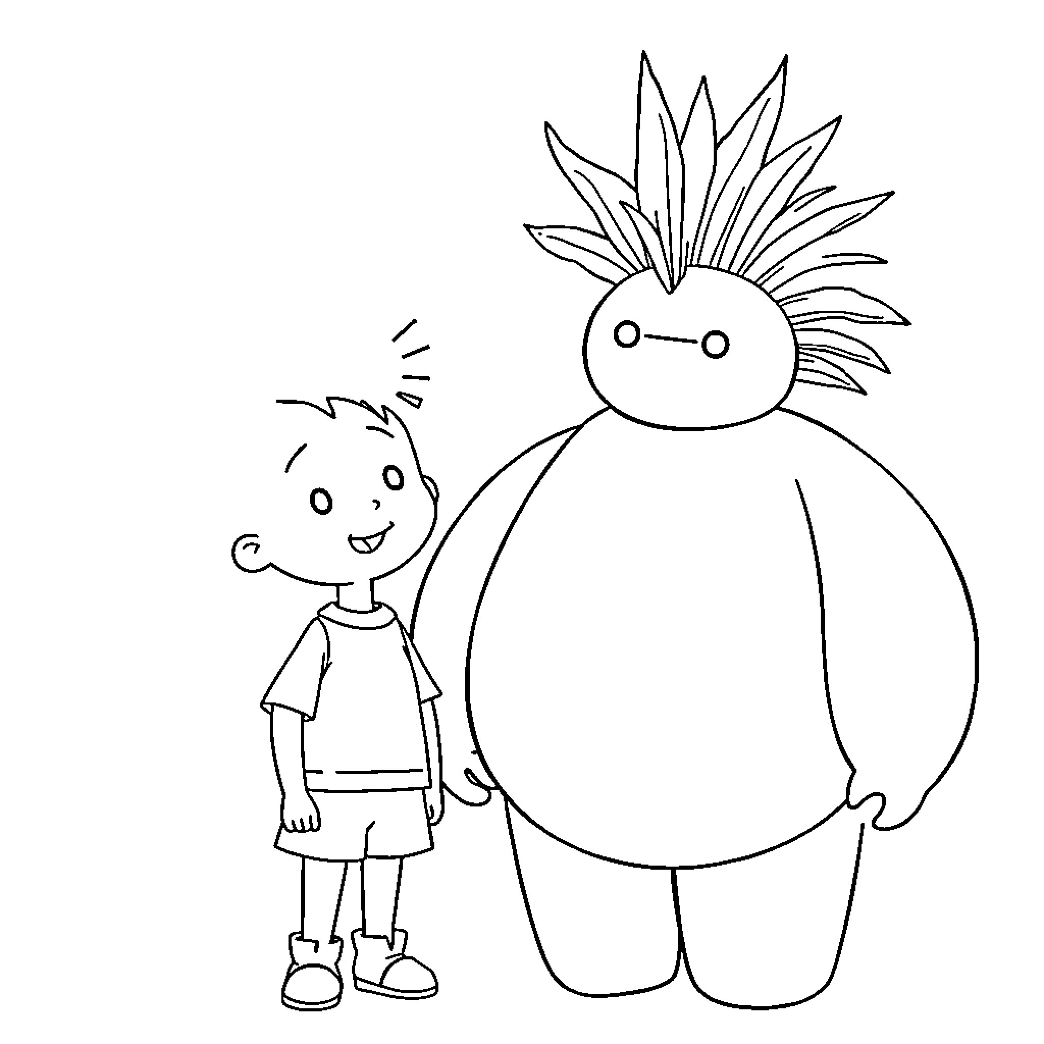 Baymax assisting a young boy Coloring Page (free black-and-white line drawing printable PDF for all, from beginners to advanced learners, including children, teens, adults, and seniors)