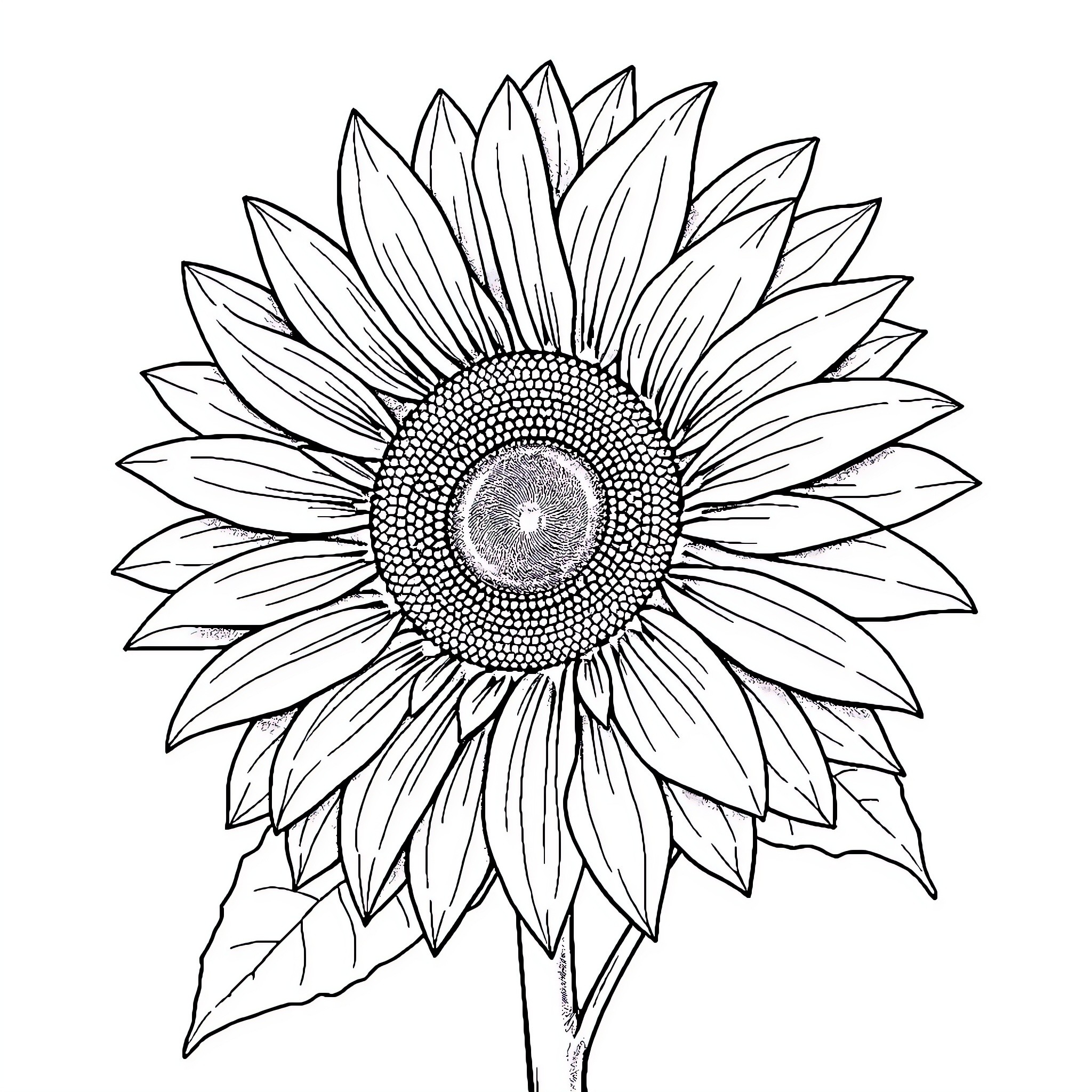 Sunflower in detailed line art Coloring Page (free black-and-white line drawing printable PDF for all, from beginners to advanced learners, including children, teens, adults, and seniors)