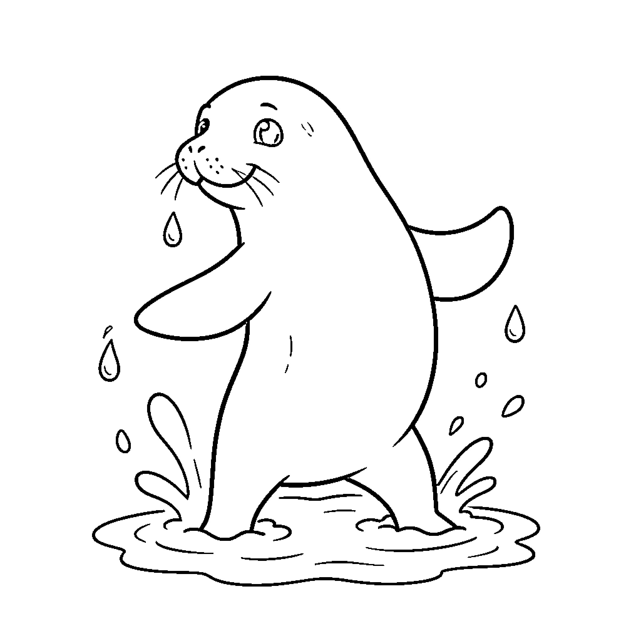Phoque jumping joyfully through splashing water drops Coloring Page (free black-and-white line drawing printable PDF for all, from beginners to advanced learners, including children, teens, adults, and seniors)