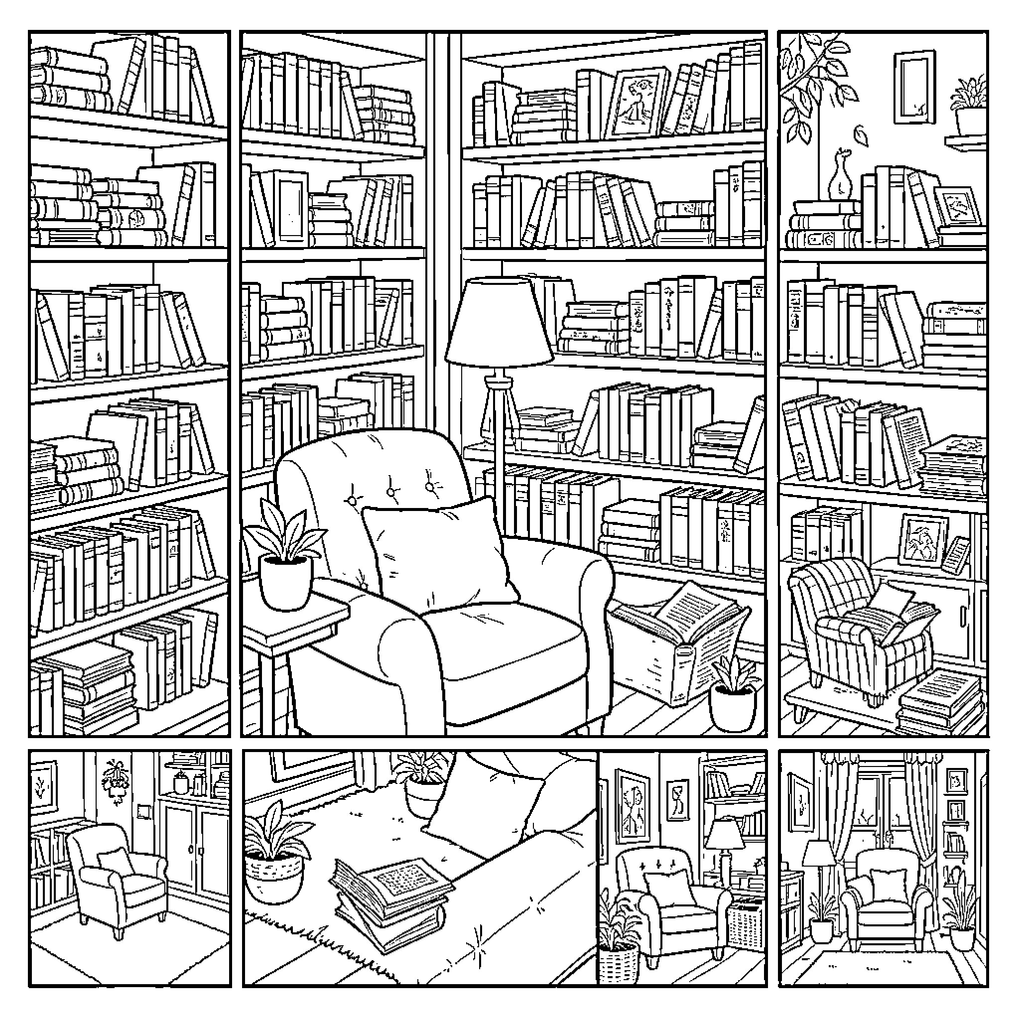 Reading Nook with Bookshelves and Armchair Coloring Page (free black-and-white line drawing printable PDF for all, from beginners to advanced learners, including children, teens, adults, and seniors)