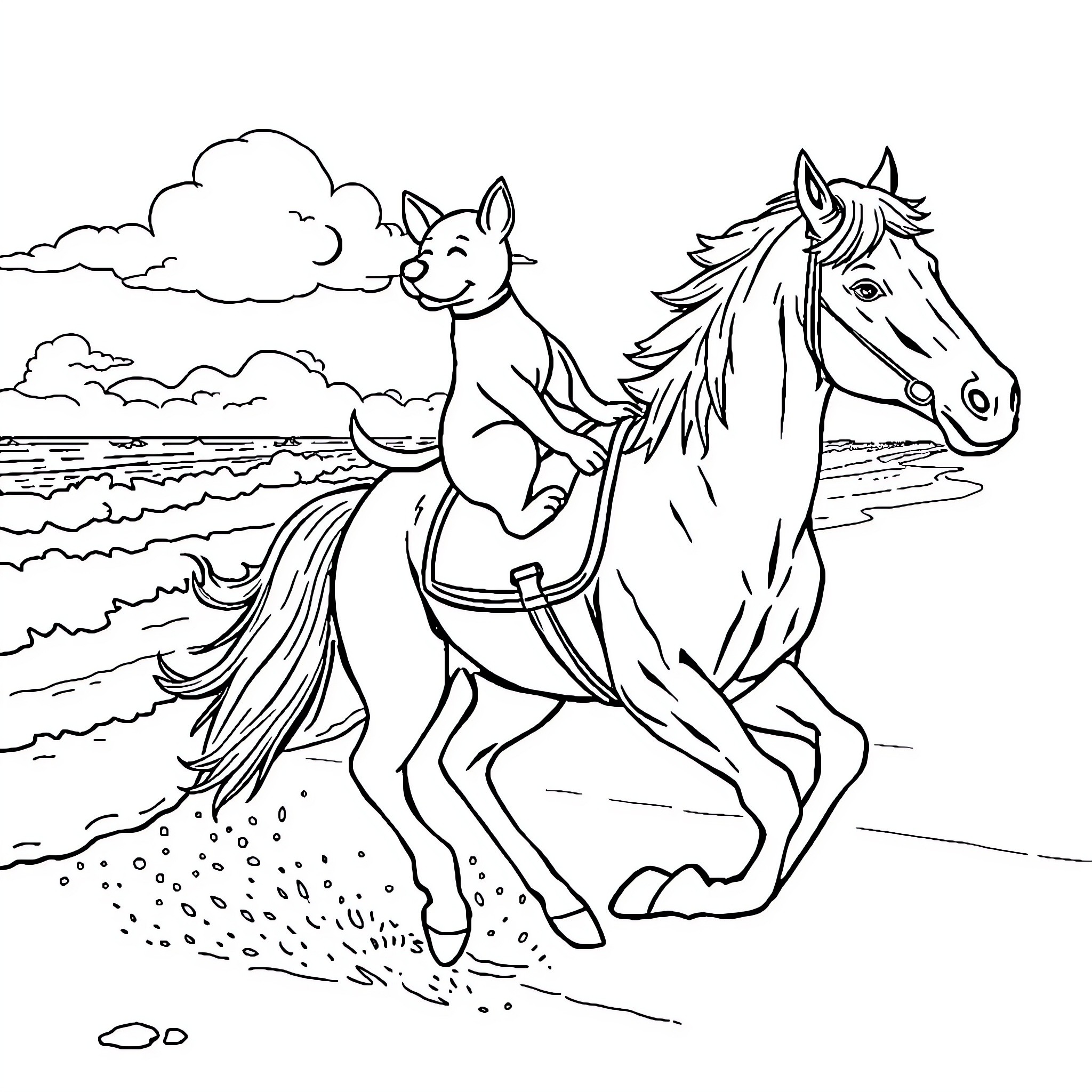 Dog riding a horse by the beach Coloring Page (free black-and-white line drawing printable PDF for all, from beginners to advanced learners, including children, teens, adults, and seniors)