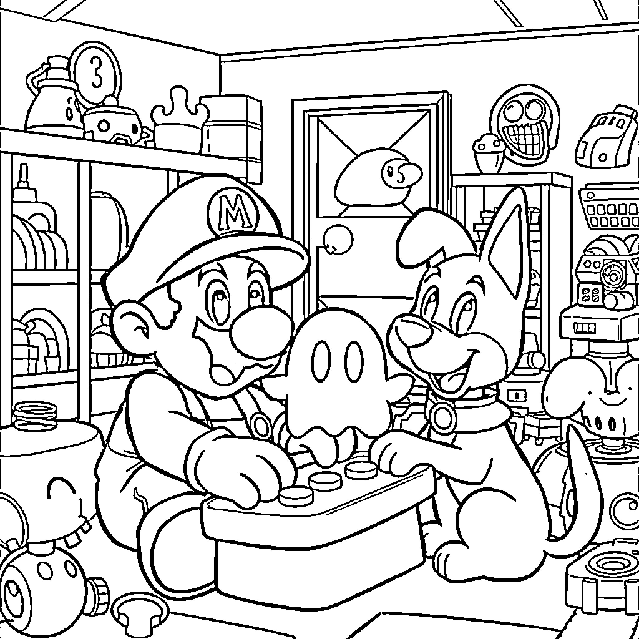 Mario and Friends Exploring a Whimsical Workshop Coloring Page (free black-and-white line drawing printable PDF for all, from beginners to advanced learners, including children, teens, adults, and seniors)