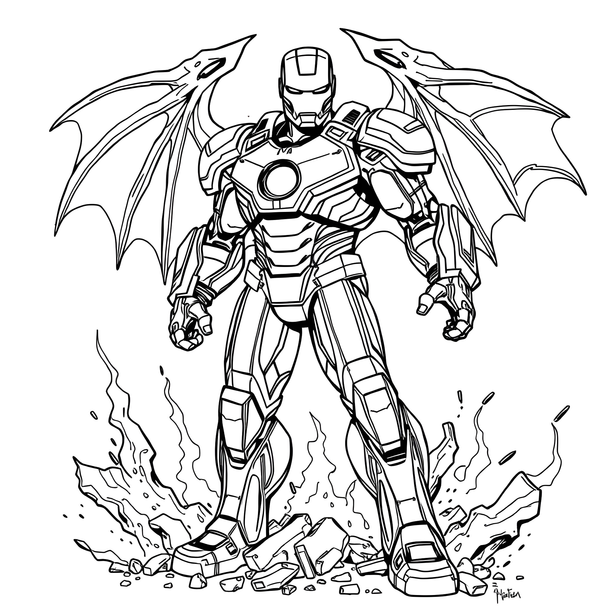 Ironman in Heroic Pose with Wing-like Armor Coloring Page (free black-and-white line drawing printable PDF for all, from beginners to advanced learners, including children, teens, adults, and seniors)